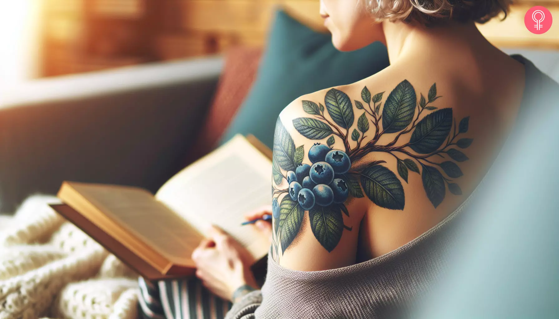 A blueberry vine tattoo over the shoulder of a woman