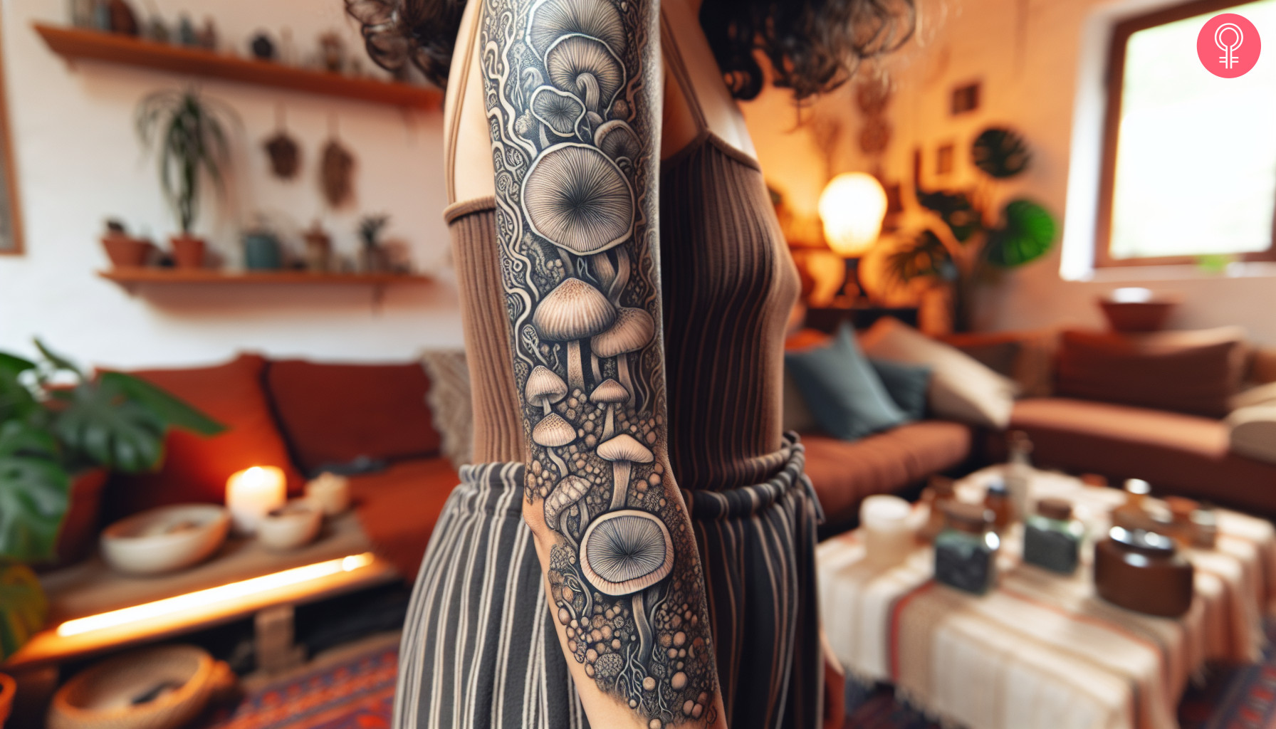 A botanical mushroom tattoo sleeve on the arm