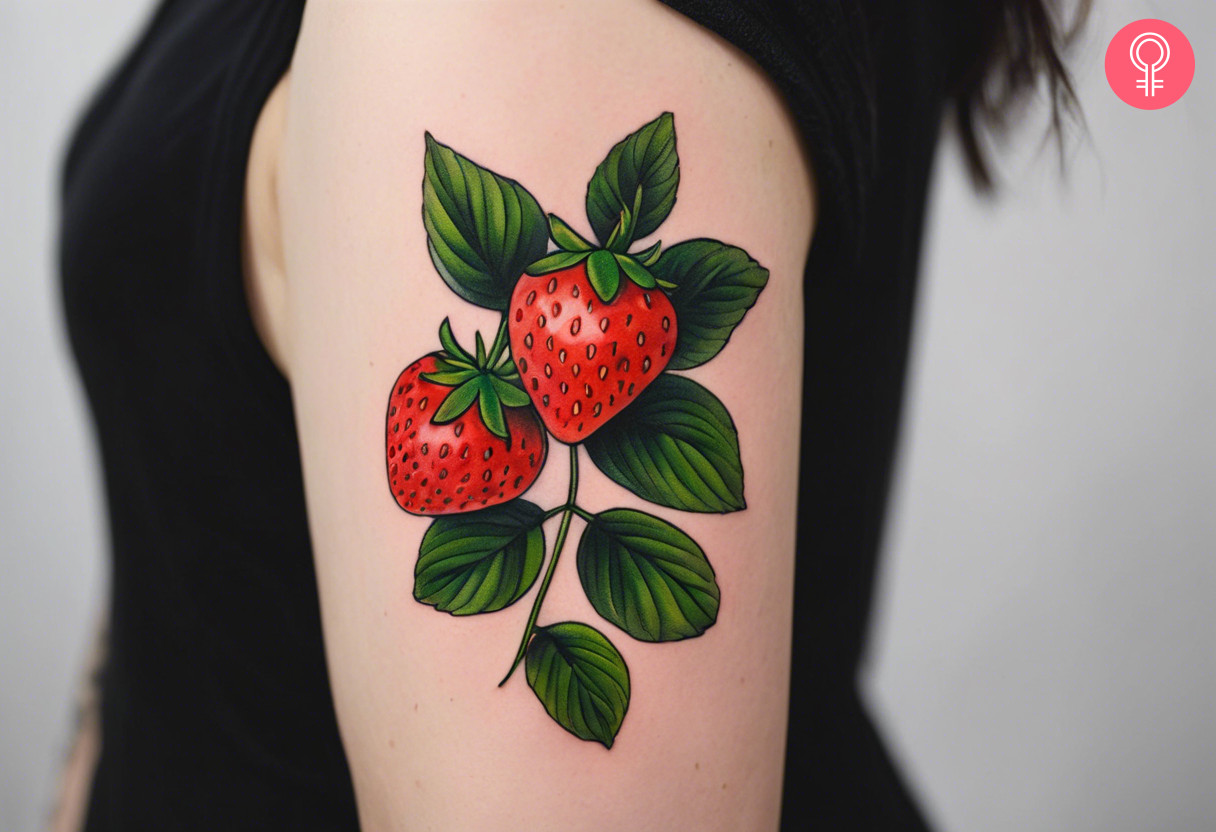 A botanical strawberry tattoo on the upper arm