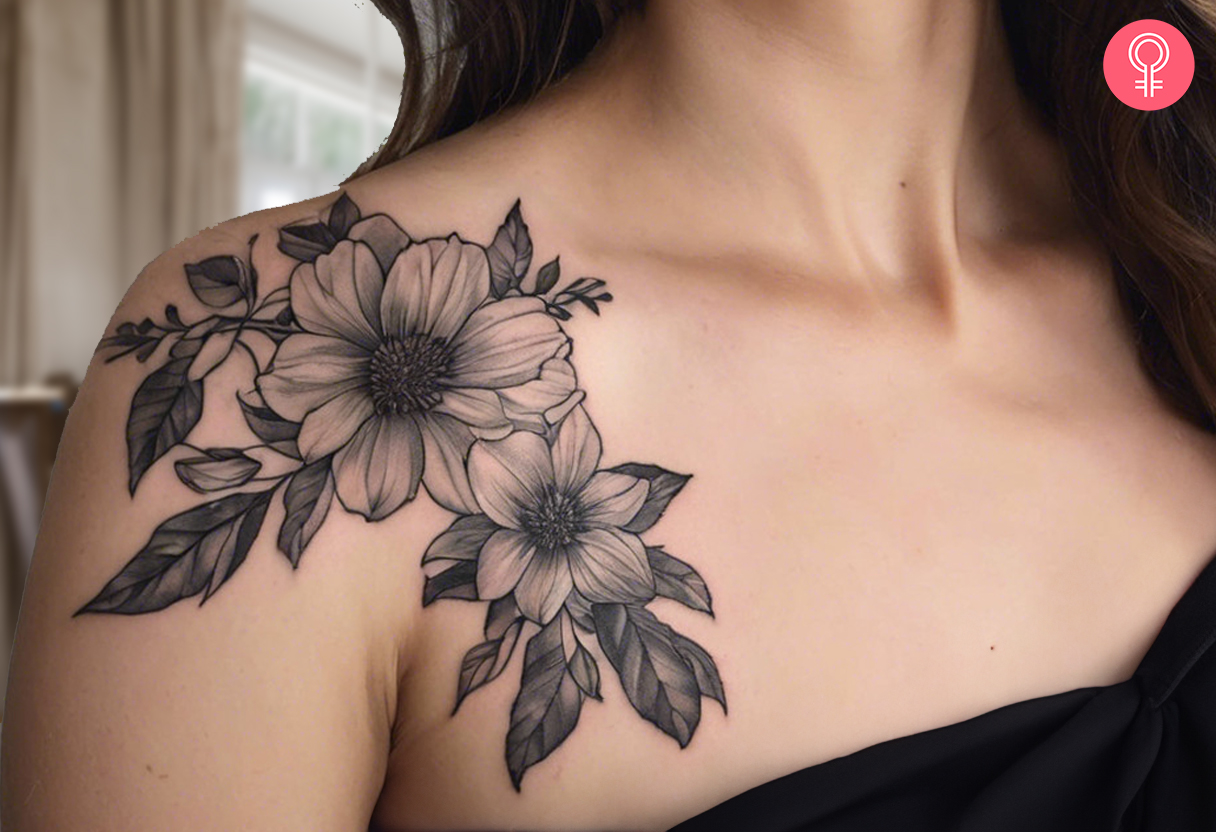 A botanical tattoo on the shoulder