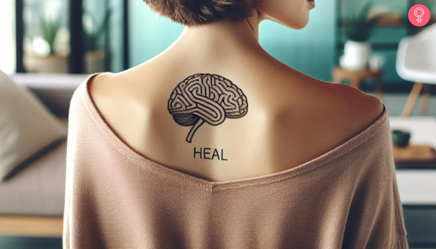 A brain tattoo on the upper back of a woman with the words ‘heal’