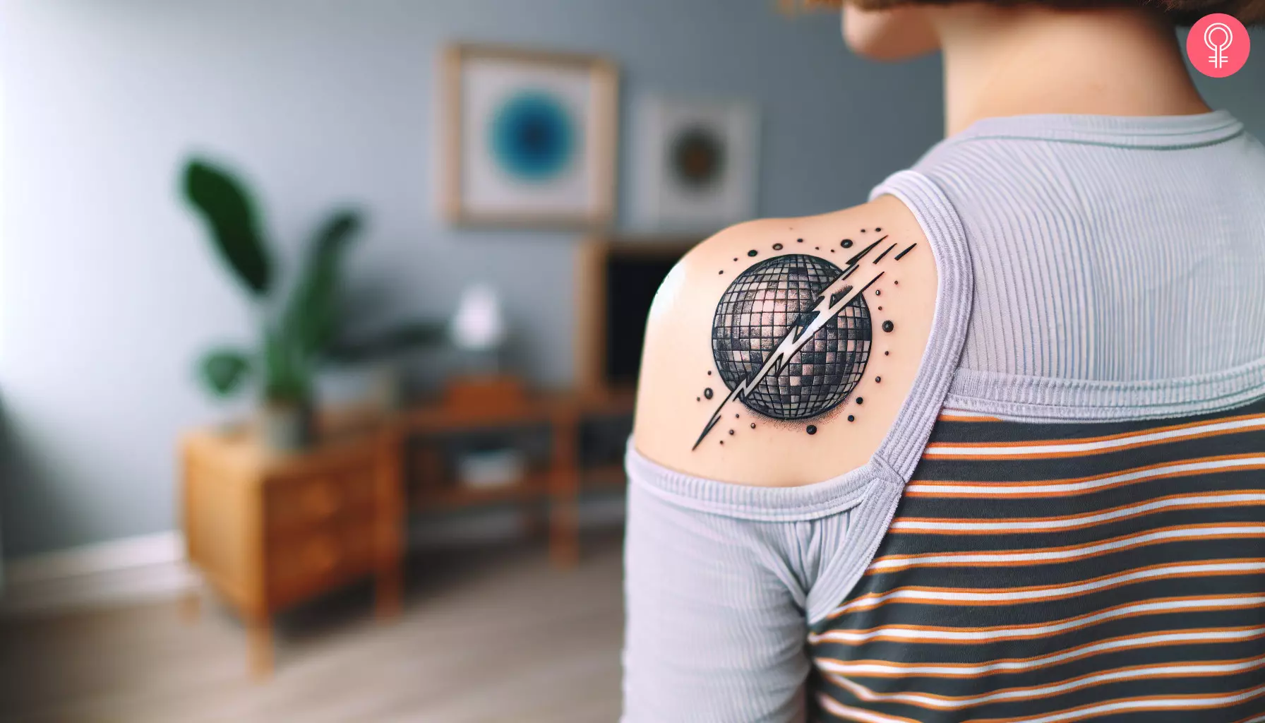 A broken disco ball tattoo on the back of the shoulder