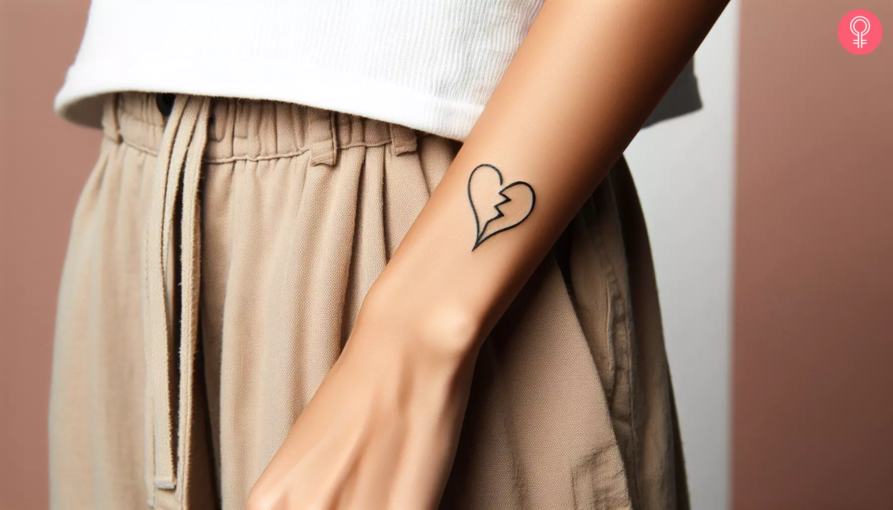 A broken heart fine line tattoo on the forearm