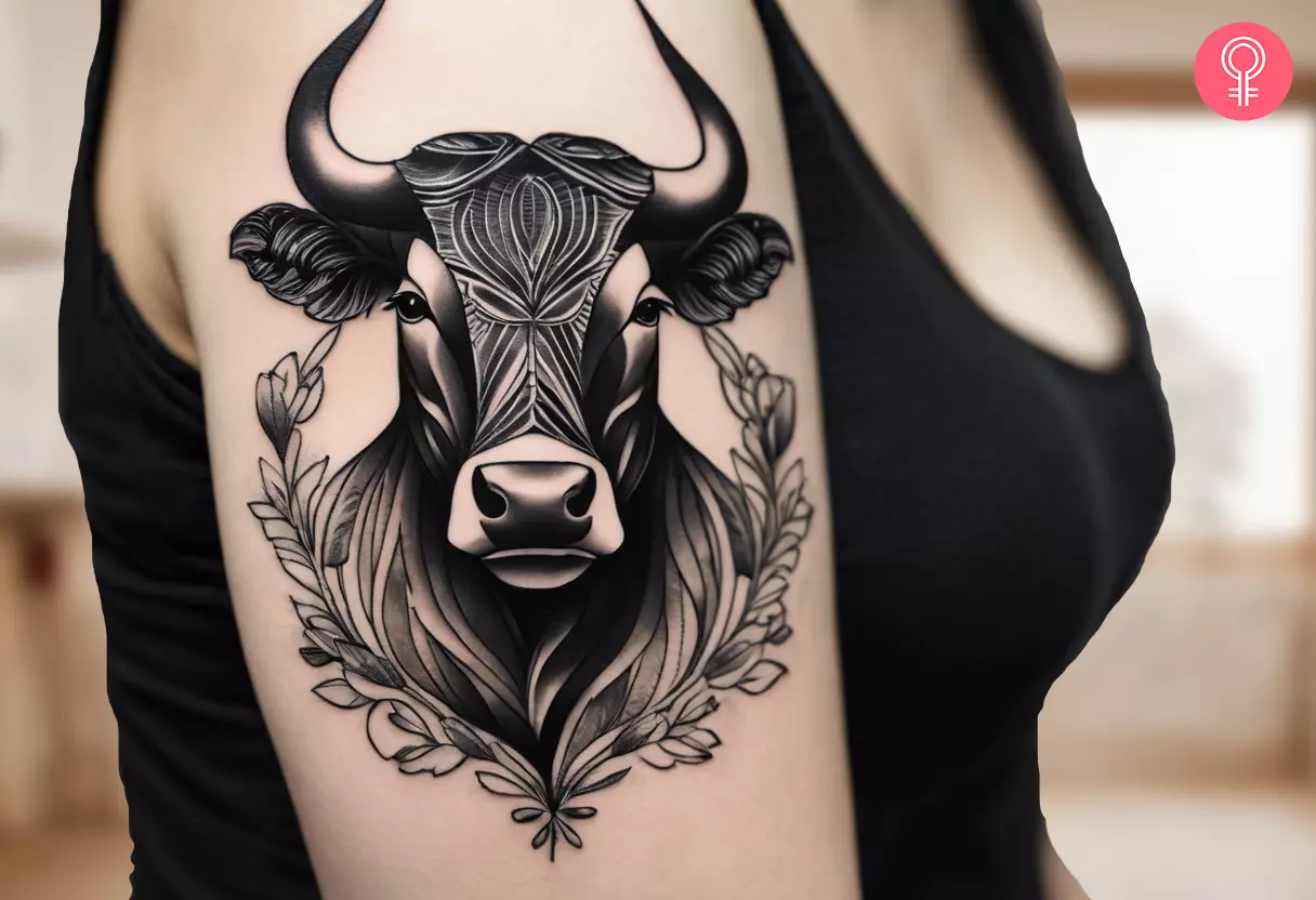 A bull head tattoo on a woman’s arm