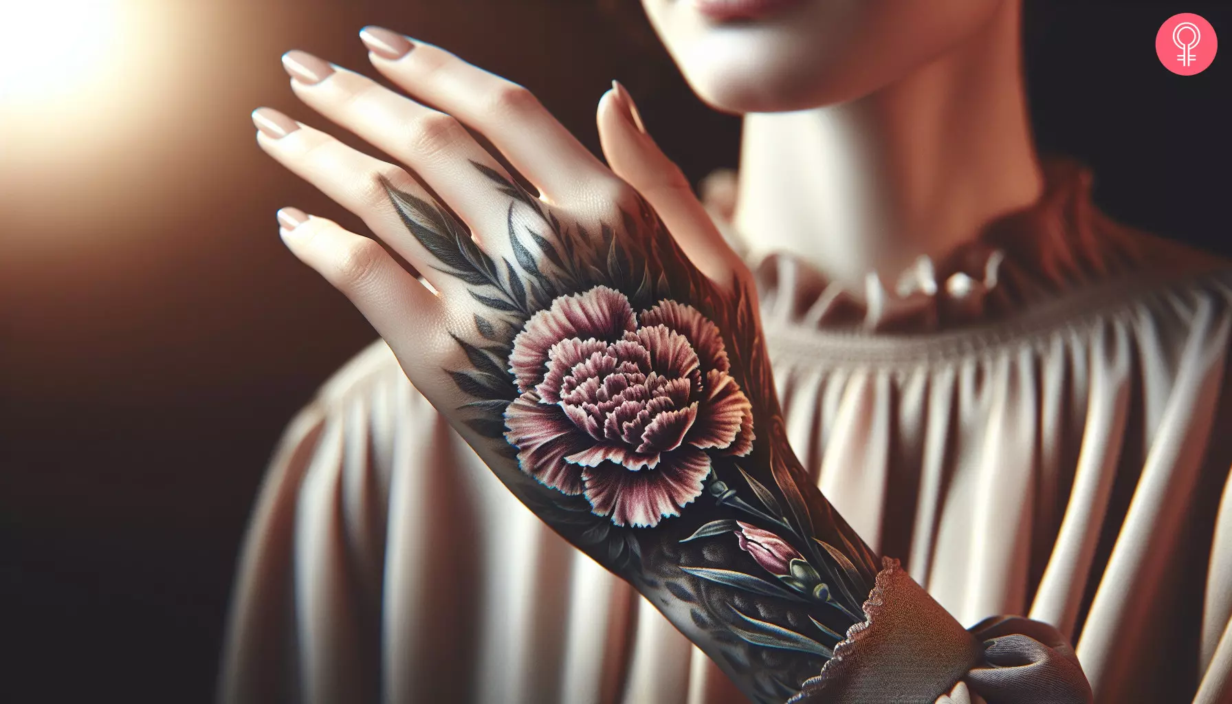 A carnation tattoo on a woman’s hand