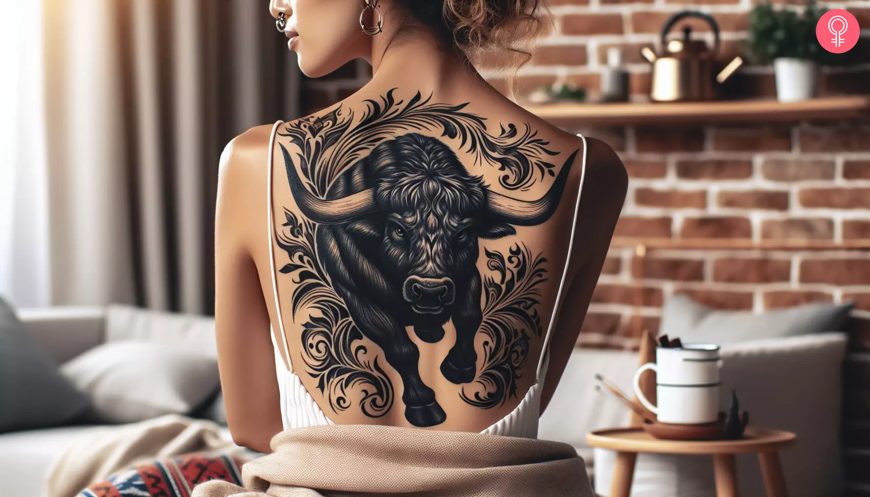 A charging bull tattoo on a woman’s back