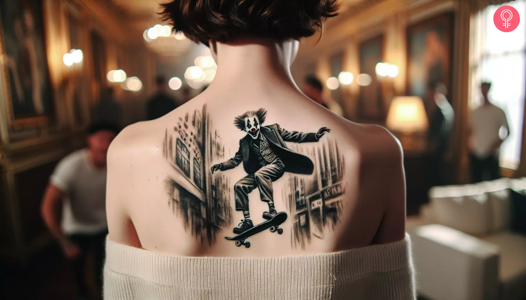 A clown on a skateboard tattoo on the back of a woman