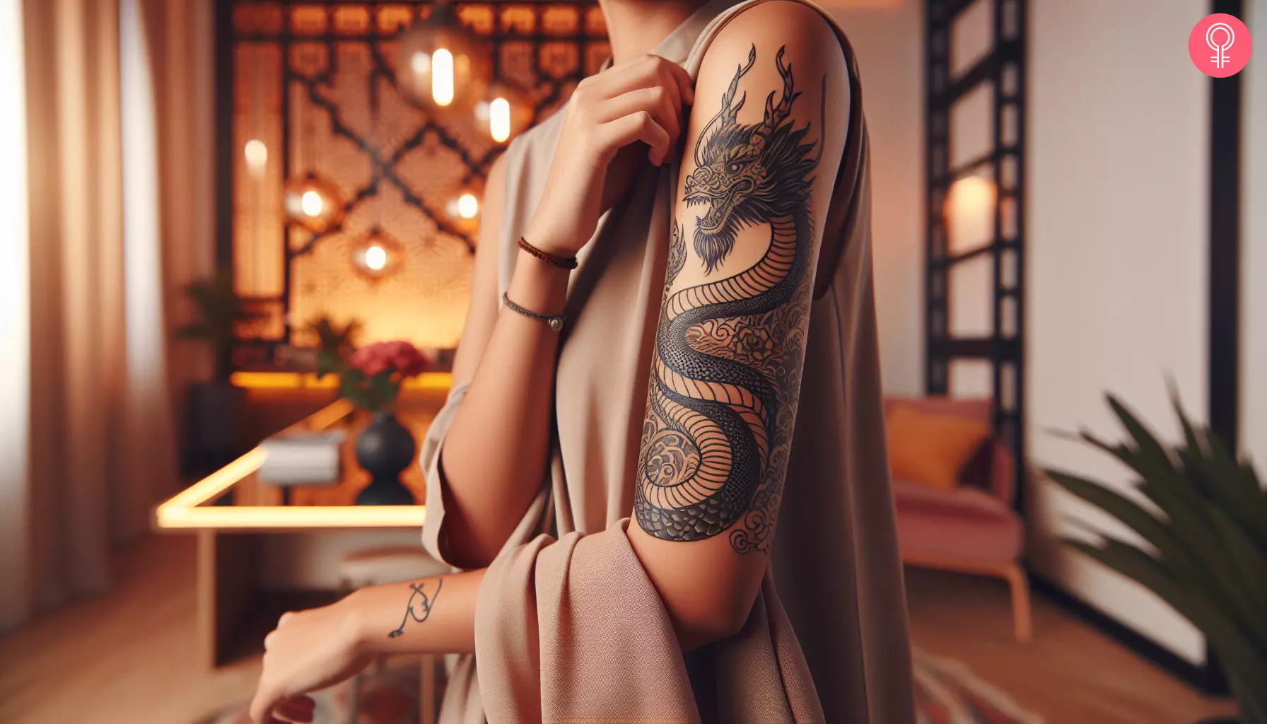 A coiled black dragon tattoo with flowers on the arm of a woman