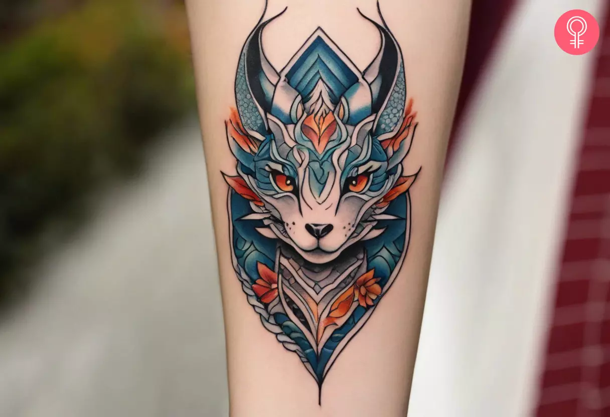 A colorful Haku dragon tattoo on the forearm