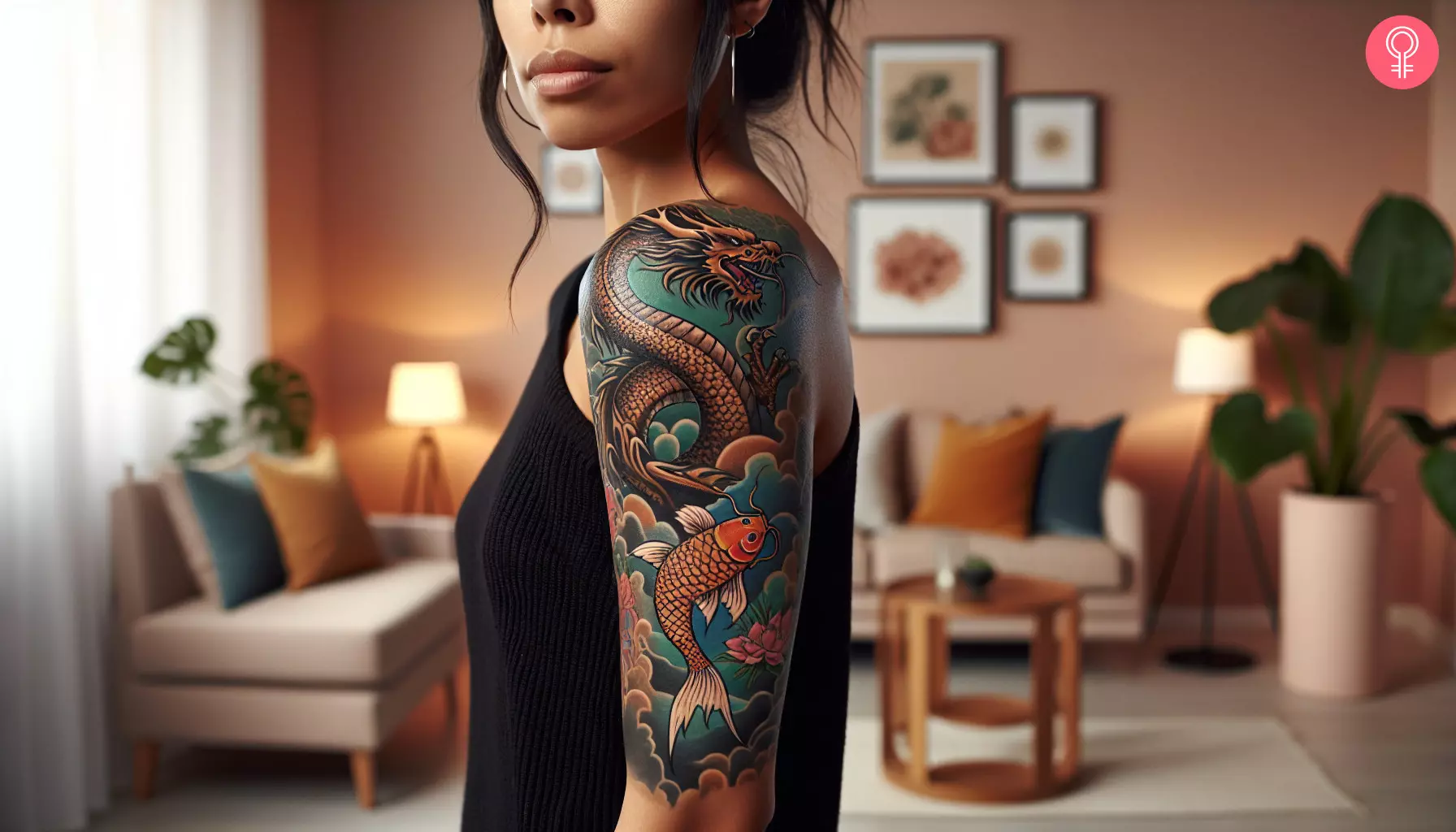 A colorful dragon and koi fish tattoo on the arm of a woman