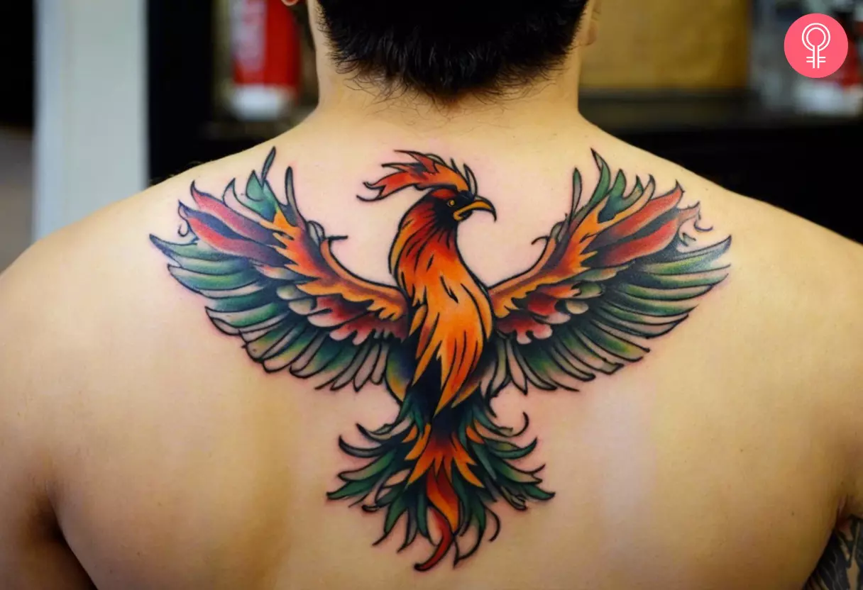 A colorful phoenix resilience tattoo on the upper back