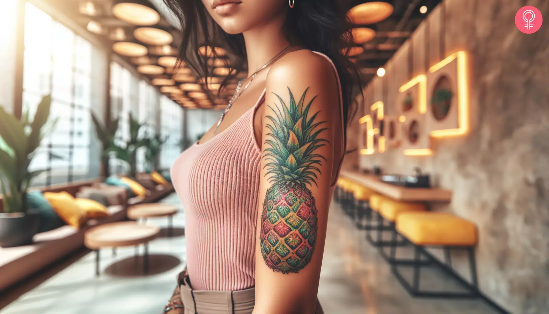 A colorful pineapple tattoo on a woman's arm