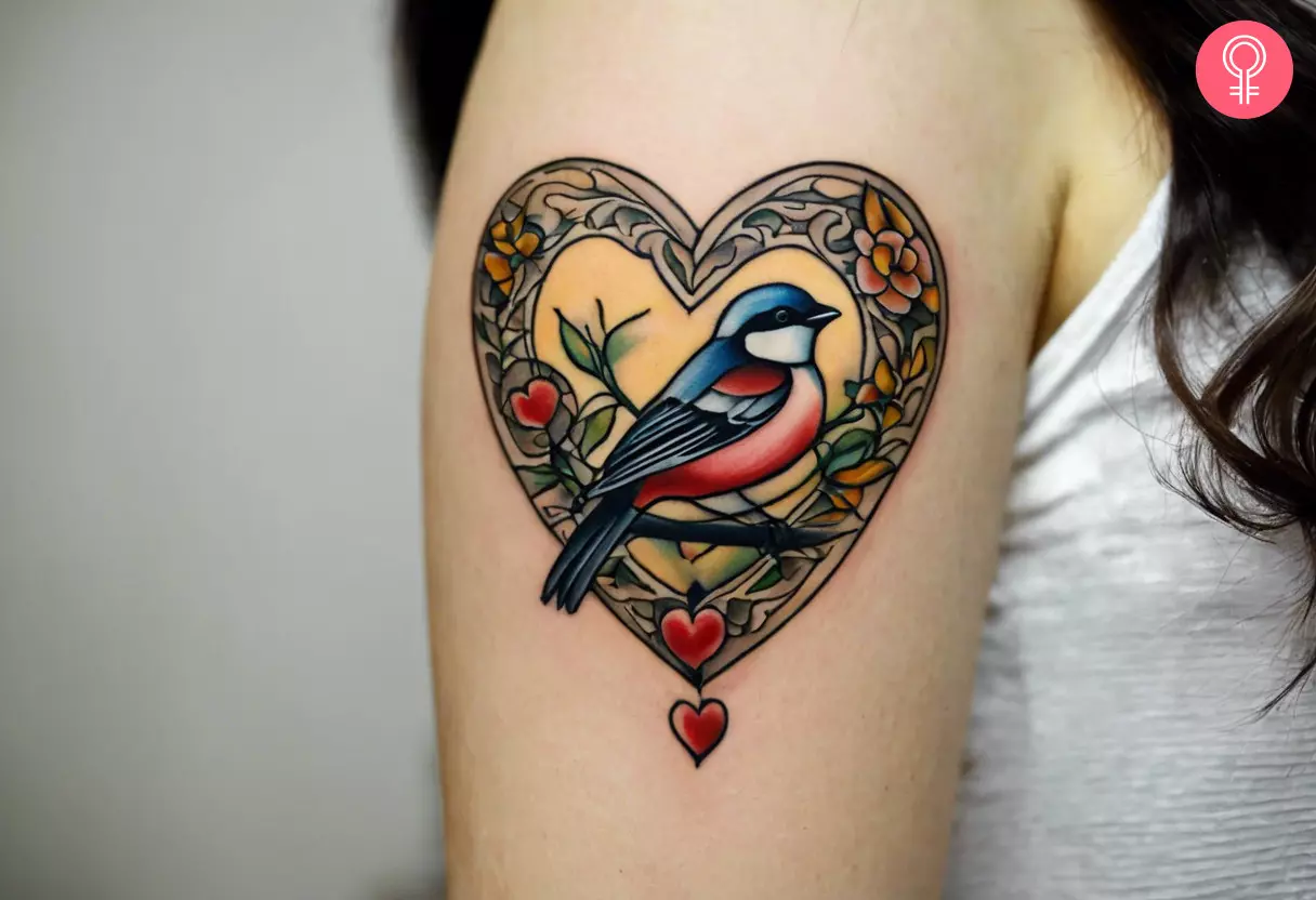A colorful sparrow tattoo inside a heart