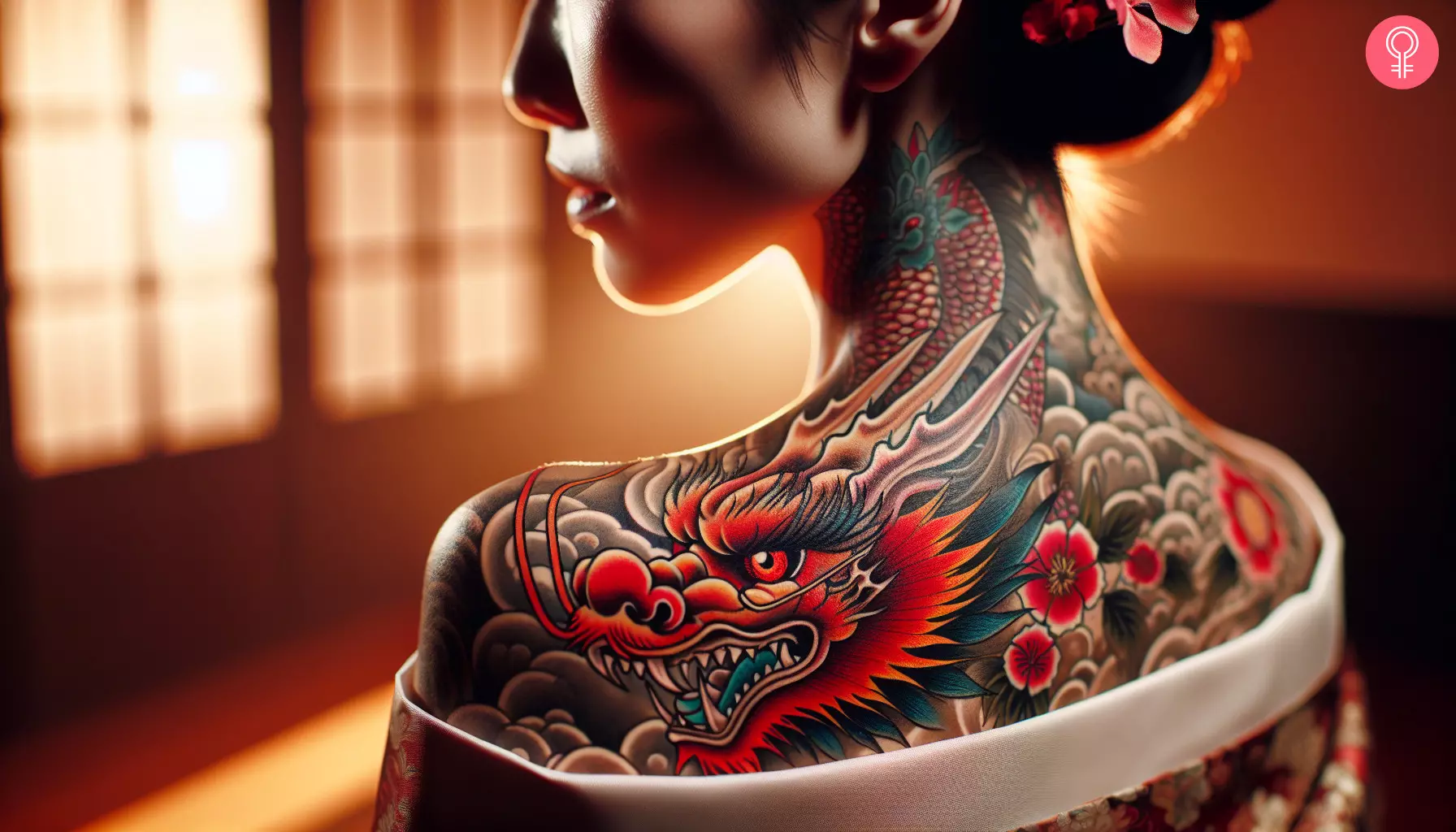 A colorful tattoo with a red dragon face at the back of the shoulder