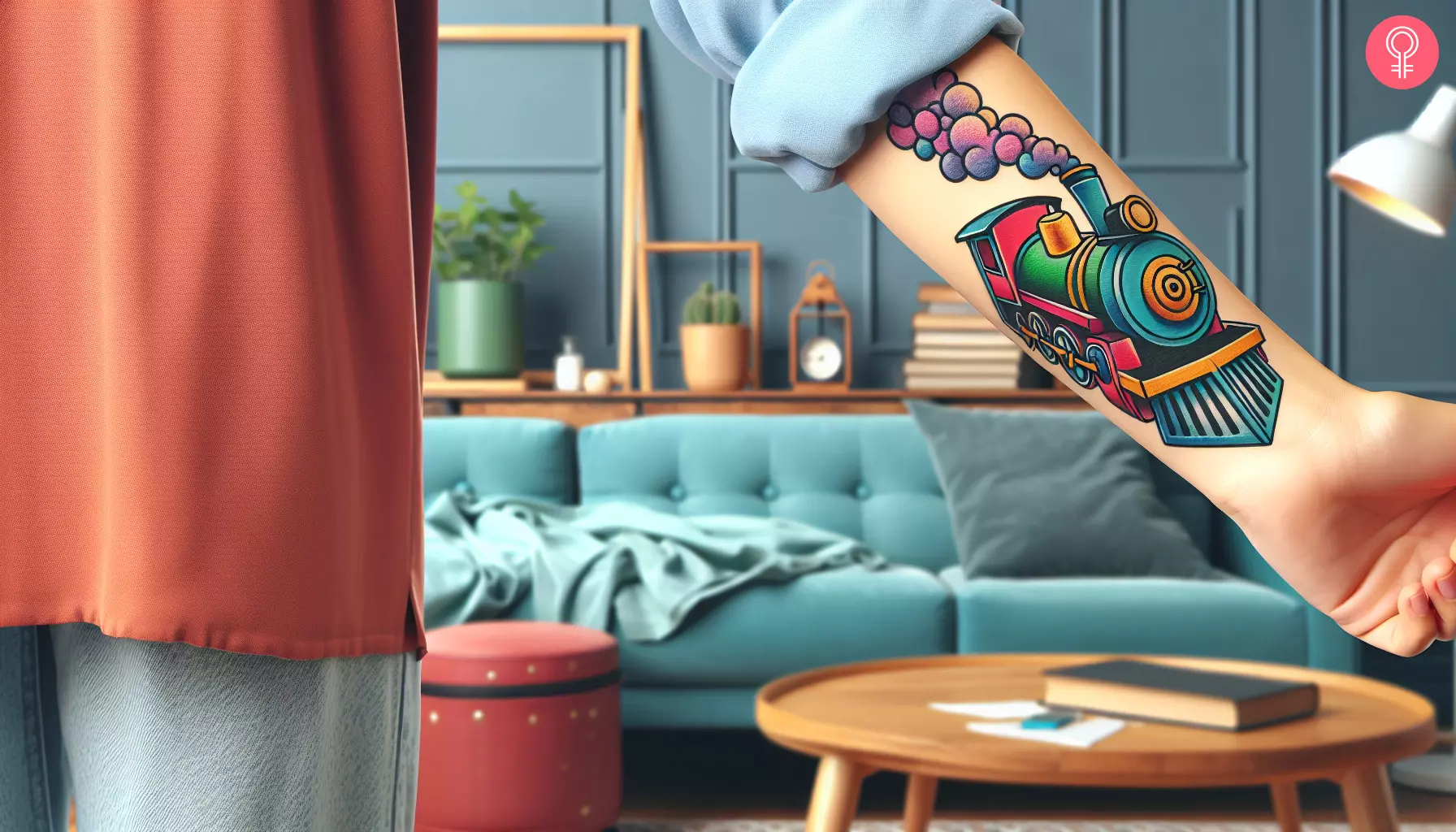 A colorful train tattoo on the forearm