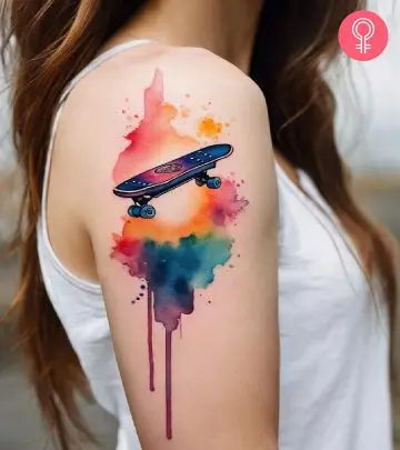 Woman with trippy tattoo design on her arm