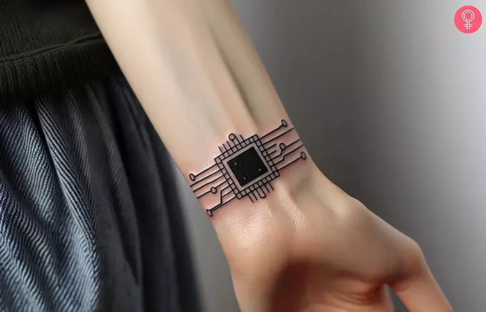 A computer chip tattoo on the wrist