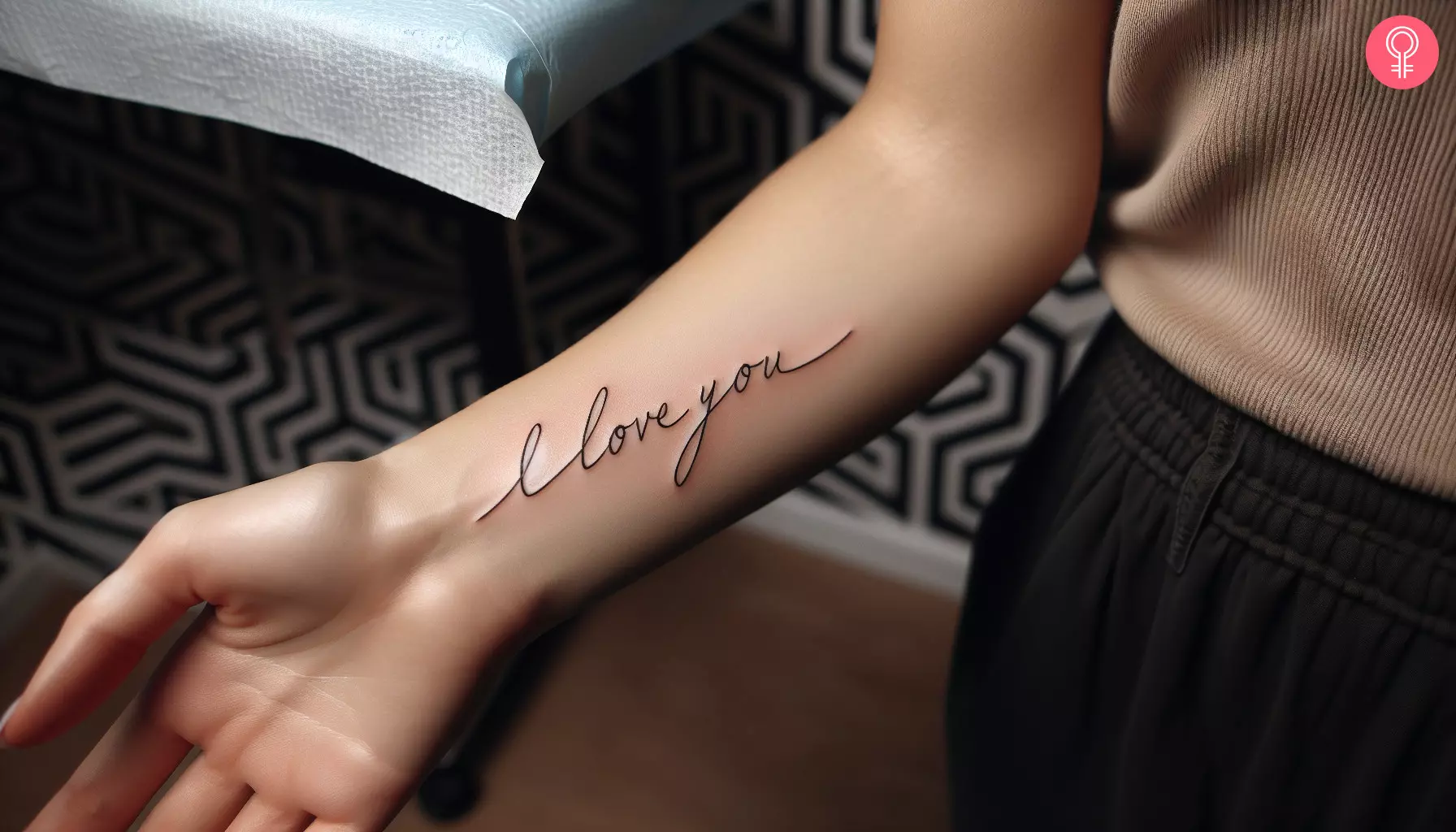 A cursive I love you tattoo inked on the forearm of a woman