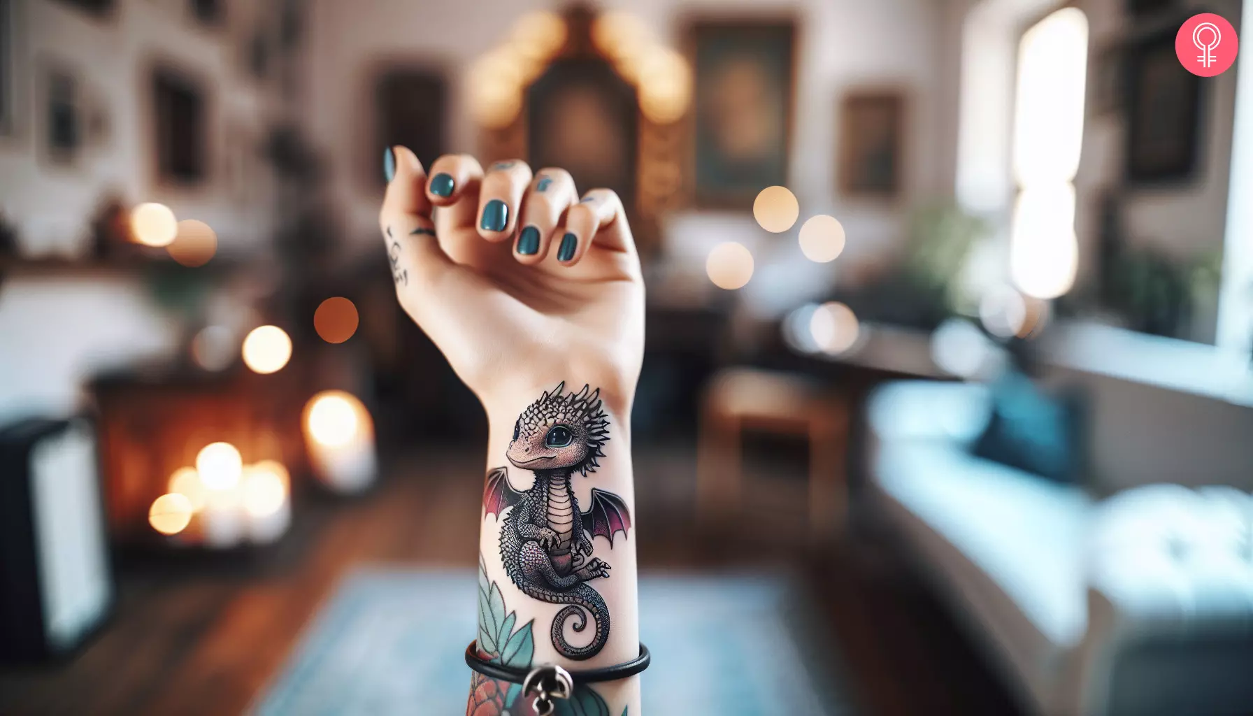 A cute cartoon-style baby dragon tattoo on the wrist