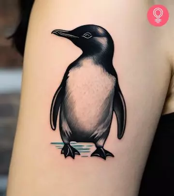 A cute penguin tattoo on the upper arm