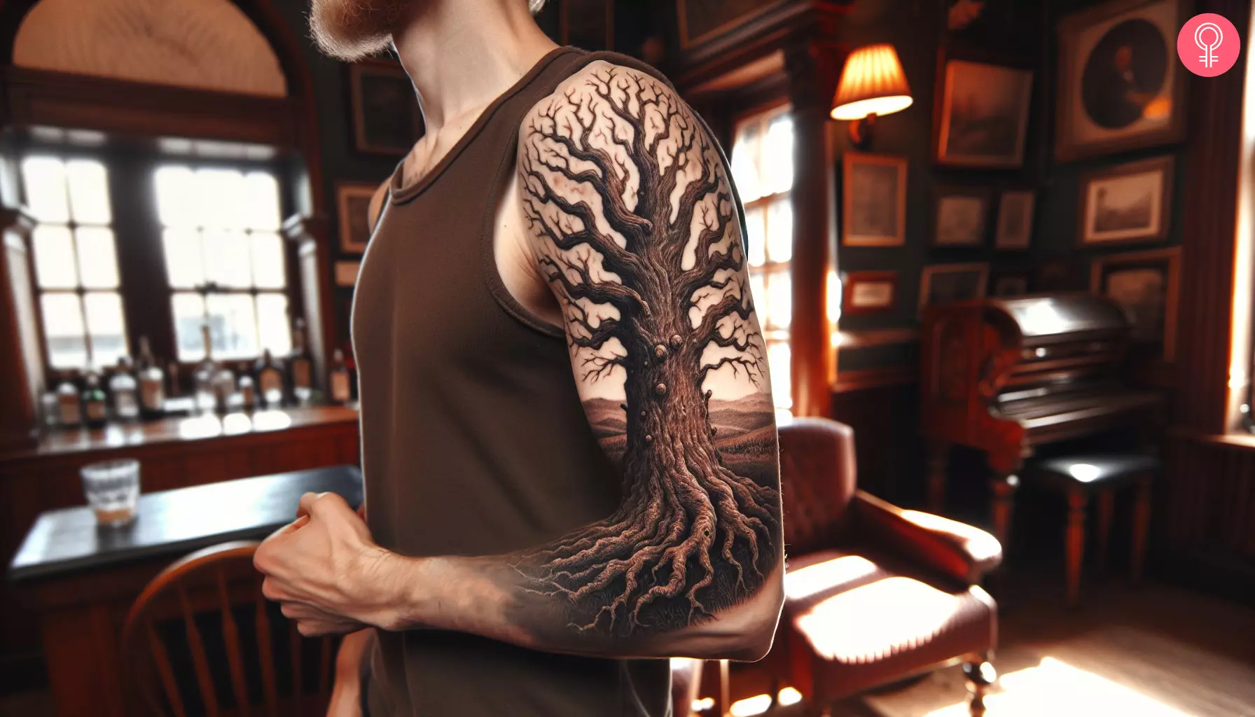 A dead oak tree tattoo on the arm