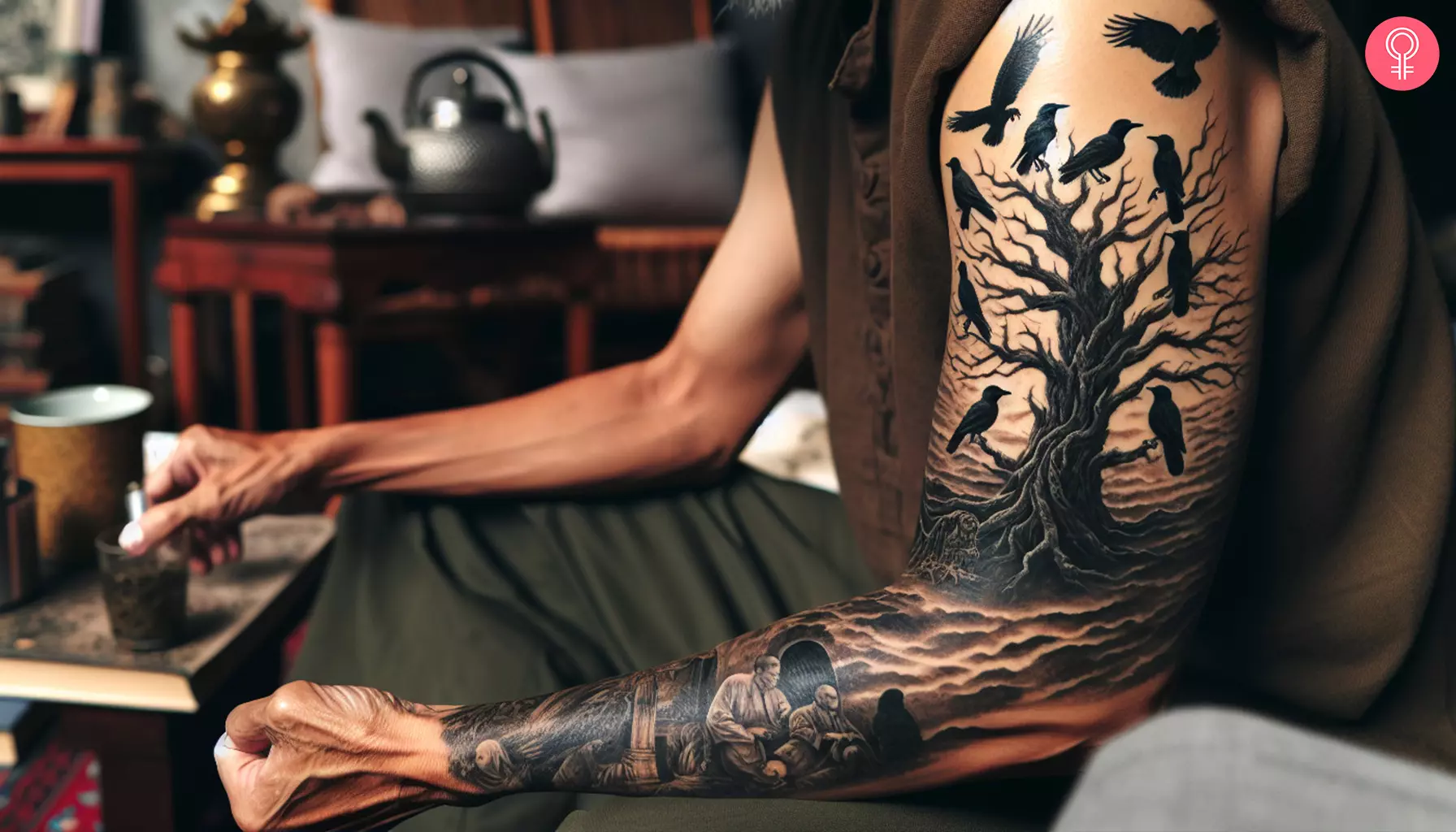 A dead tree and crows tattoo on the arm