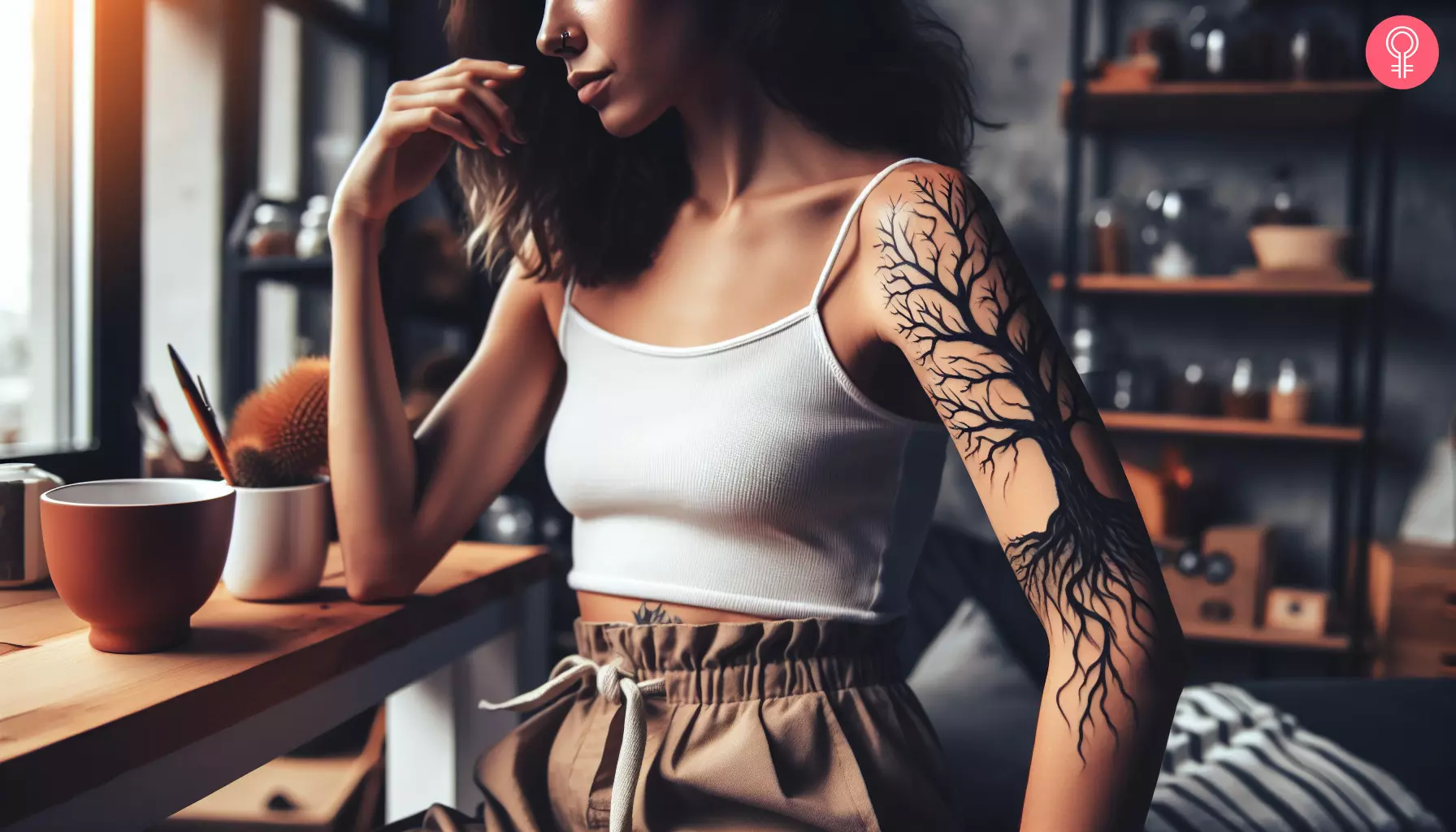 A dead tree tattoo on the upper arm of a woman