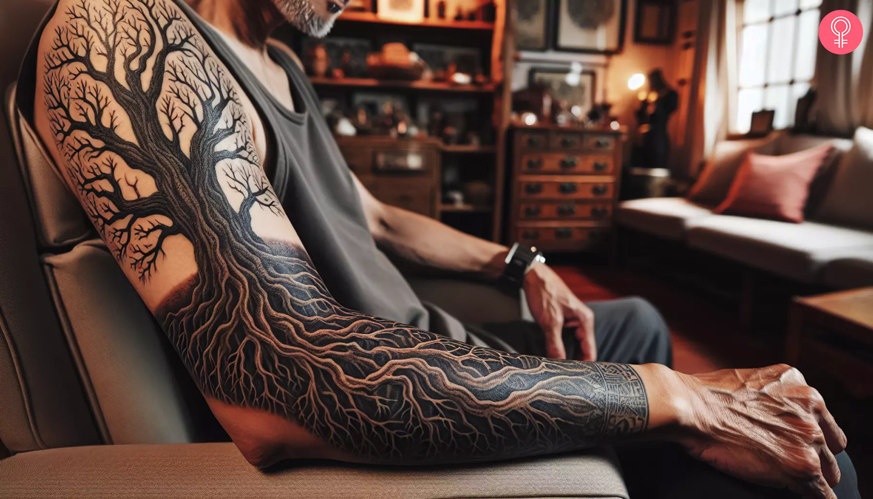 A dead tree tattoo sleeve on the arm