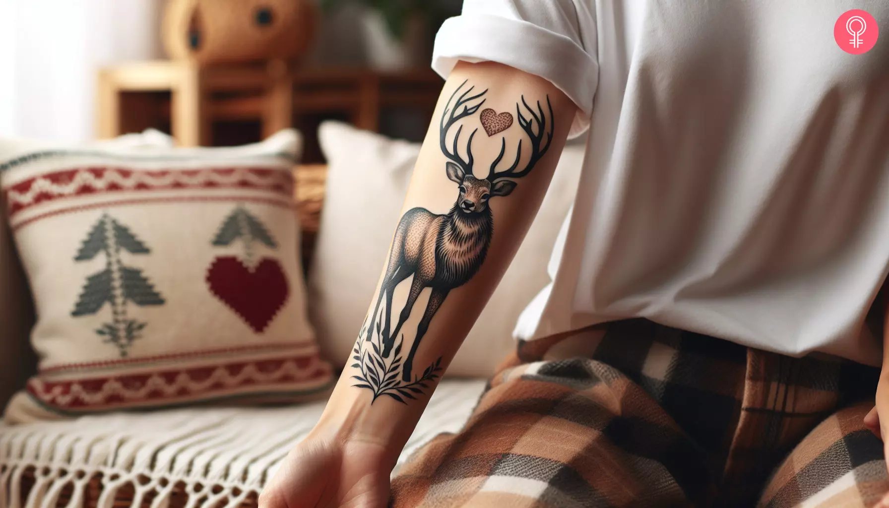 A deer with a heart inked on the upper arm
