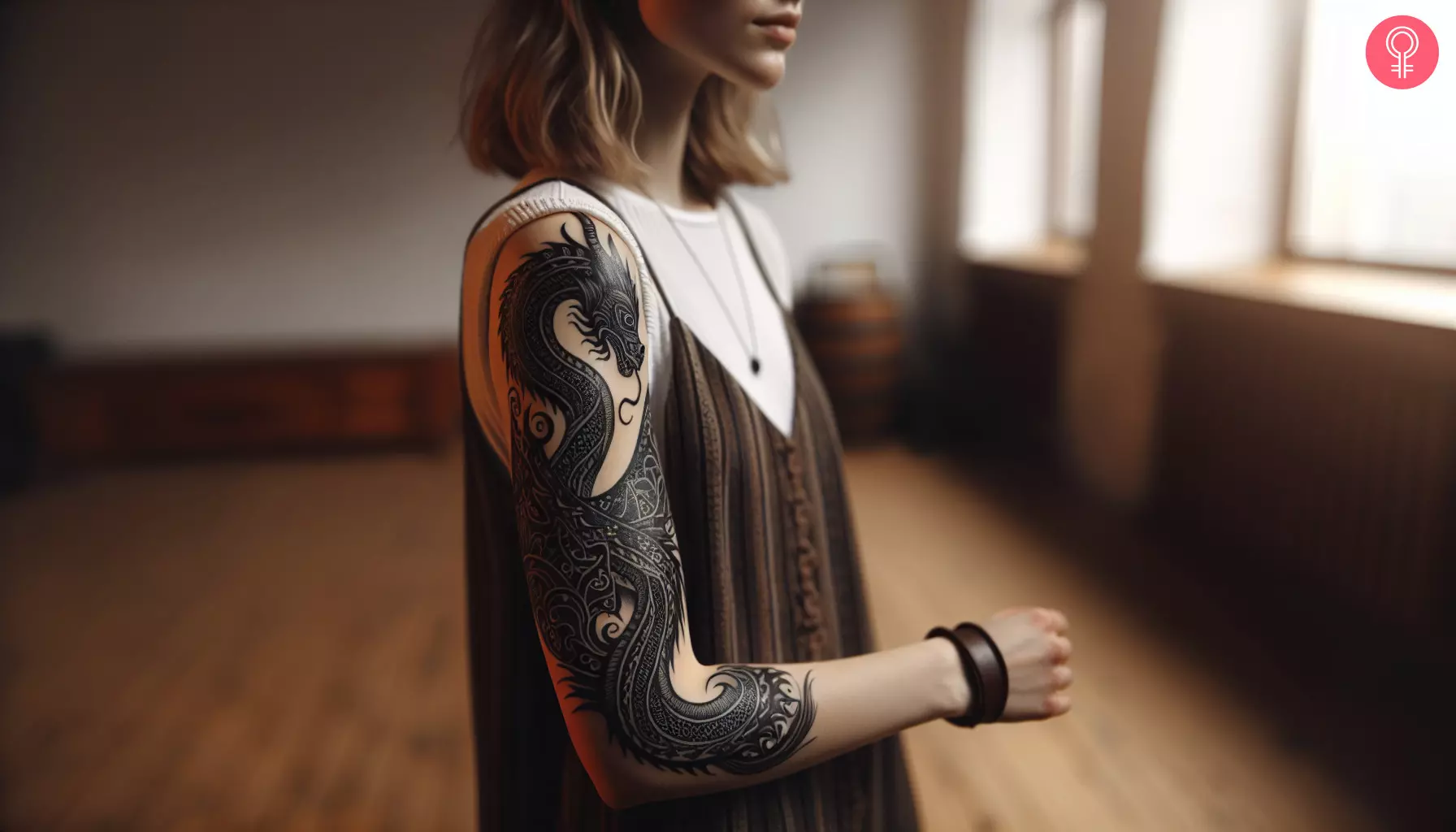 A detailed Viking dragon tattoo on the arm