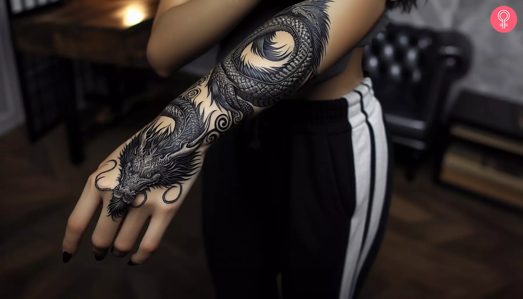 A detailed black dragon tattoo on the forearm