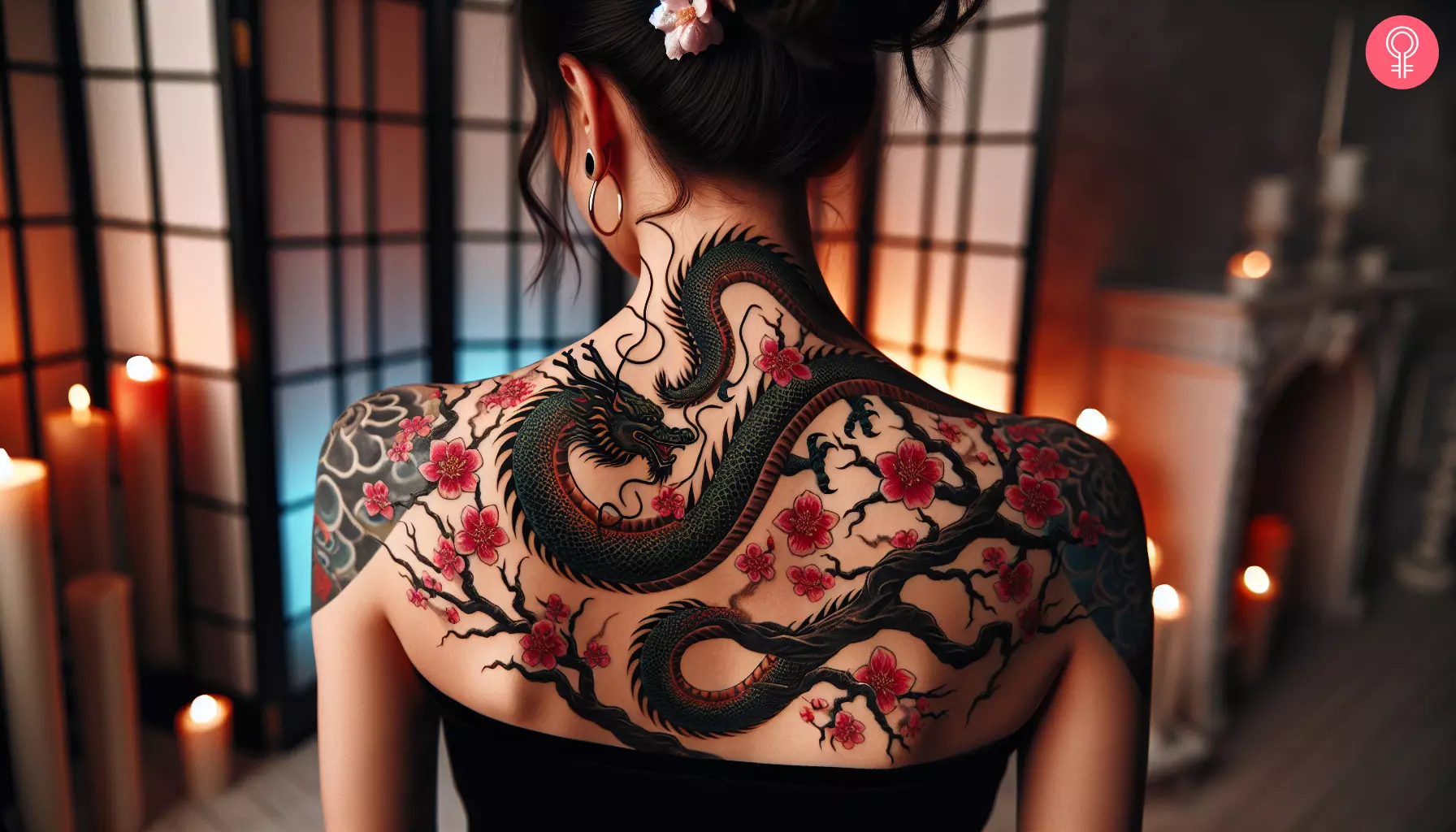 A dragon and cherry blossoms tattoo on the back