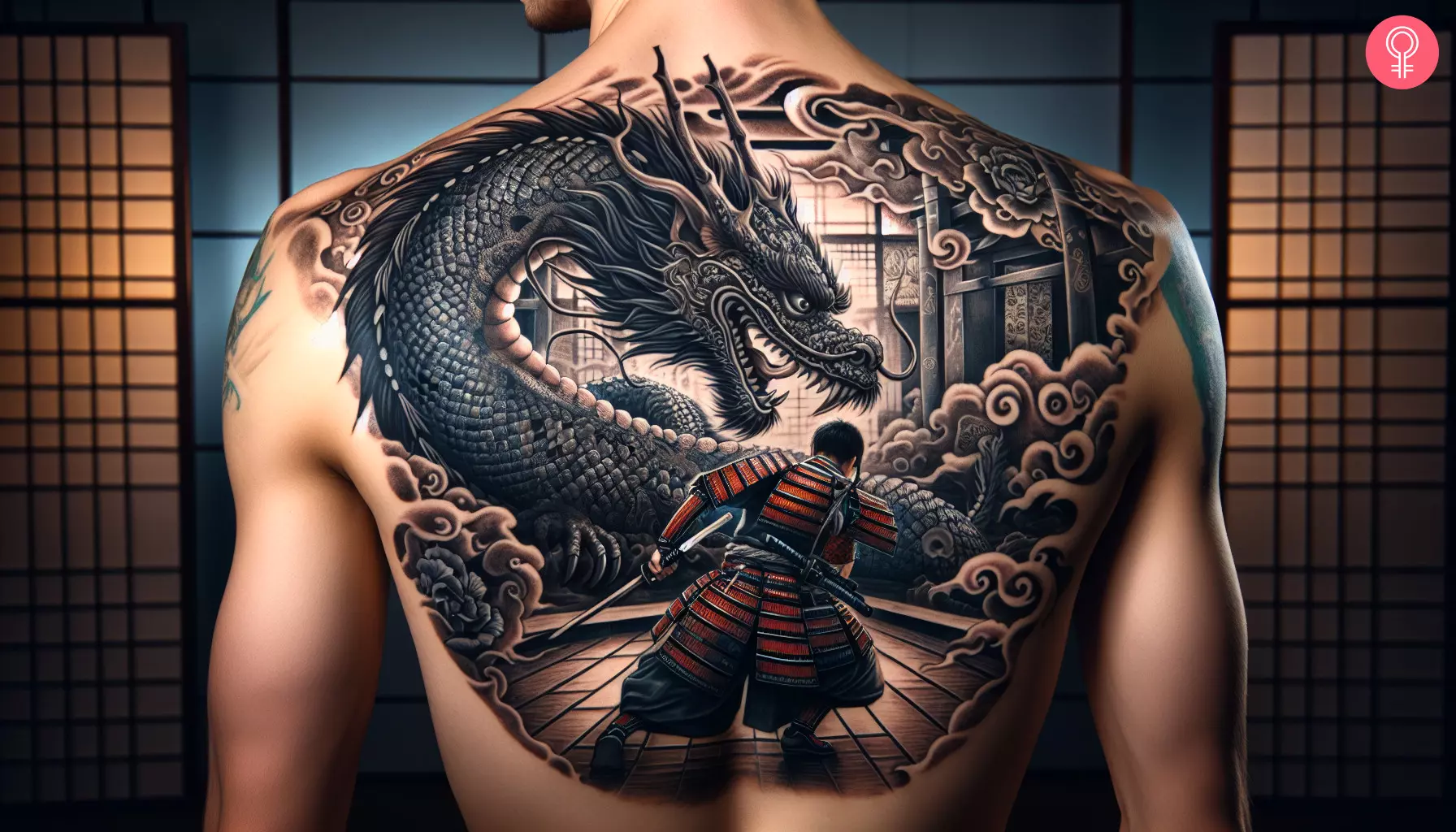 A dragon and samurai tattoo on the back