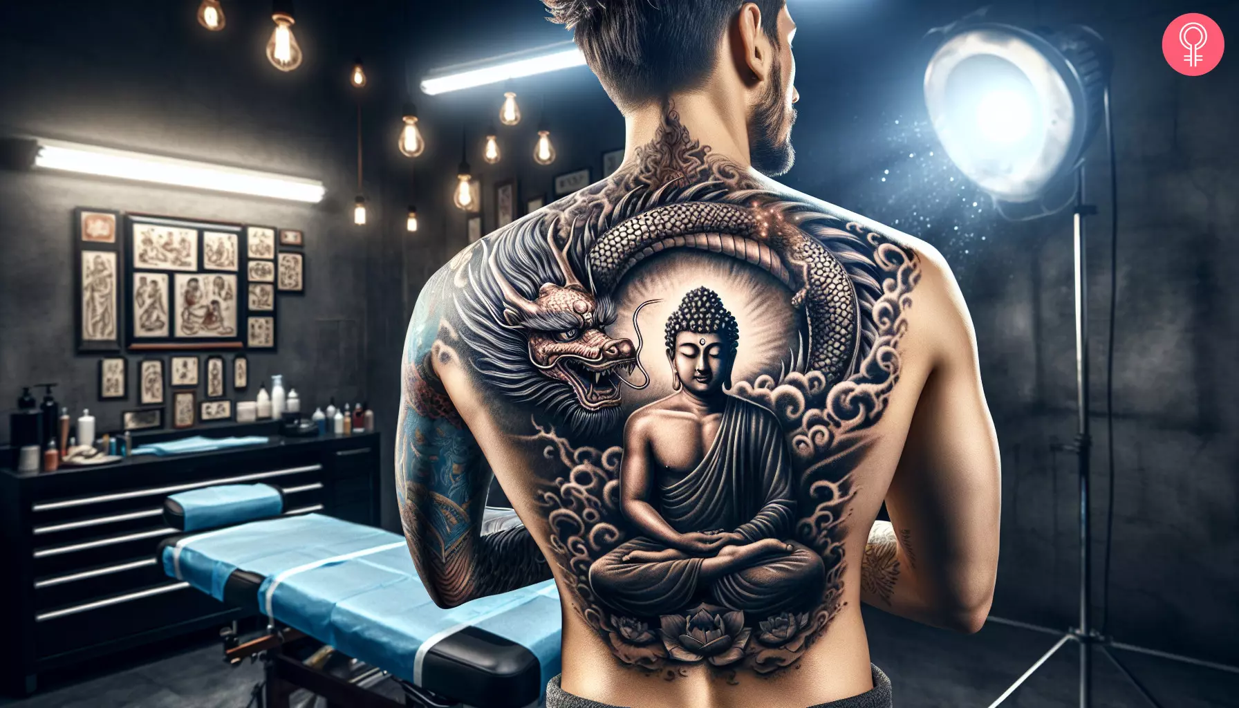 A dragon near Buddha tattoo on the back 