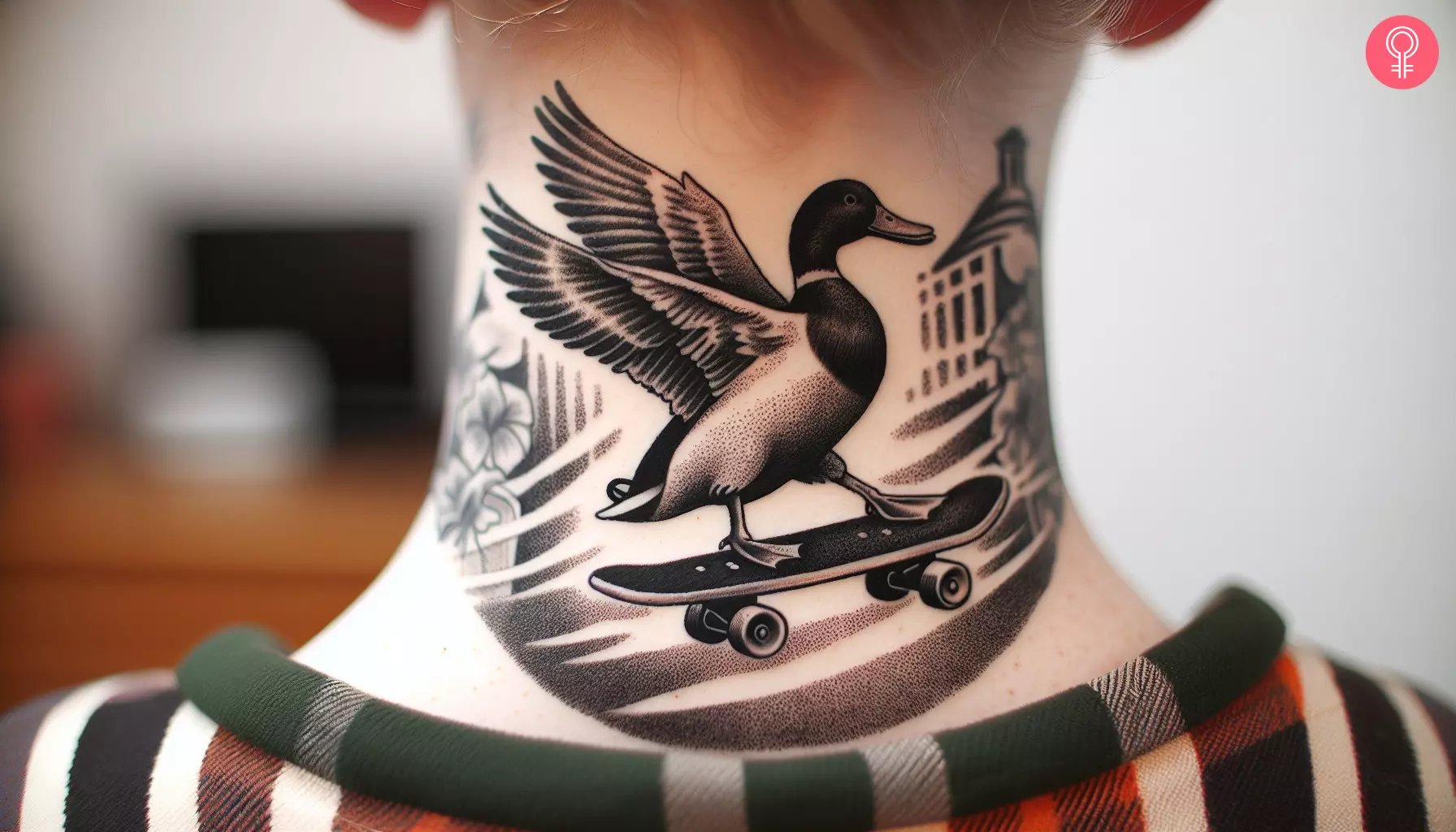 A duck on a skateboard tattoo on the back of the neck