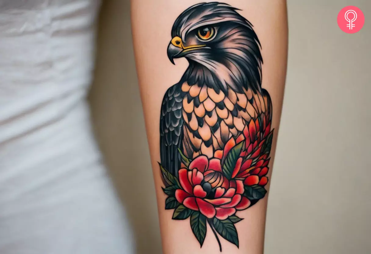 A feminine hawk tattoo on the forearm