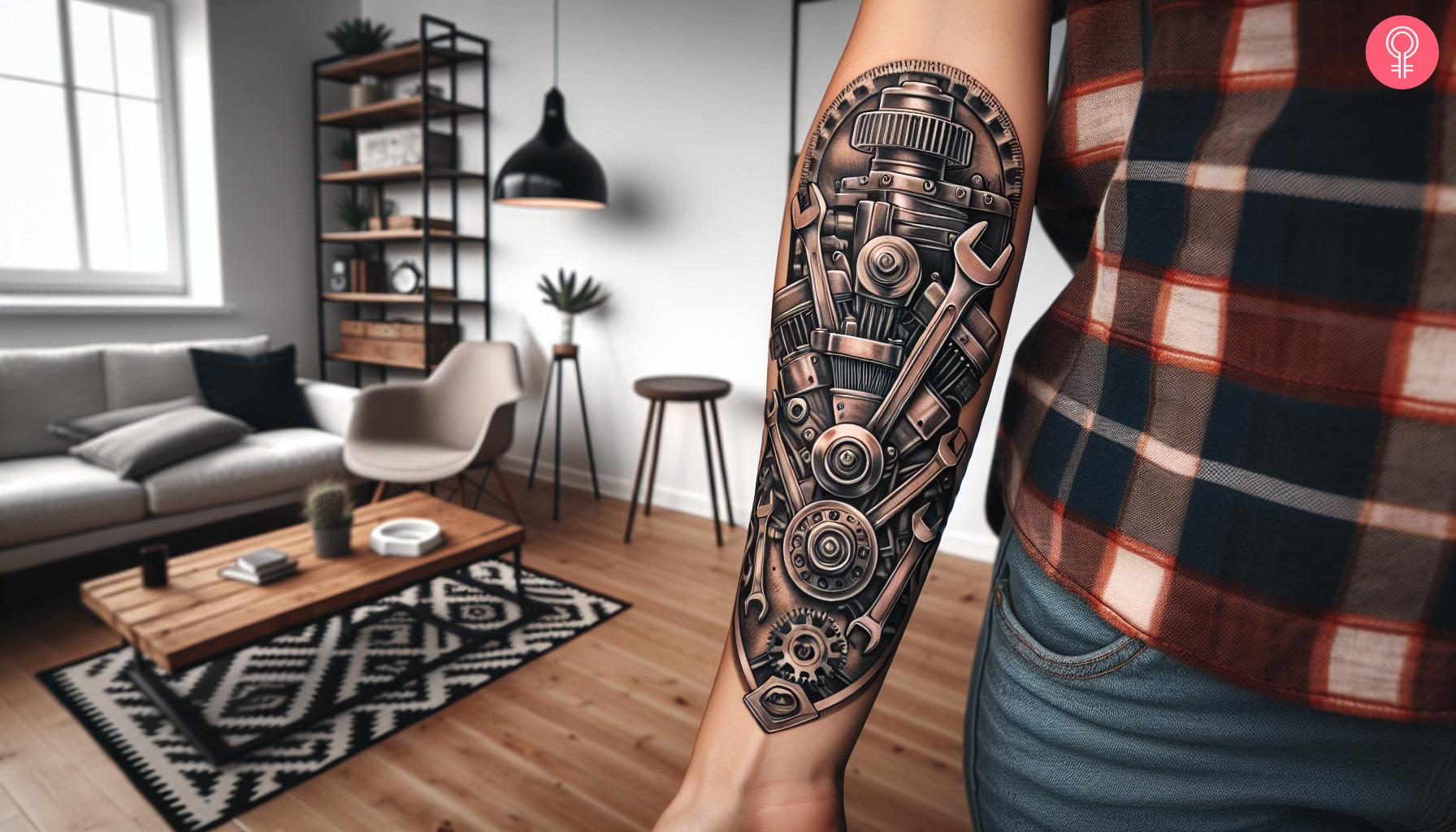 A small mechanic tattoo on the forearm