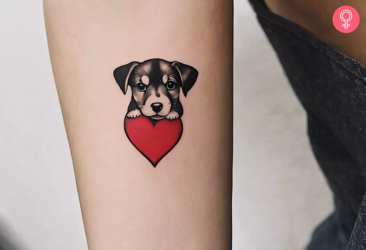 A forearm tattoo of a puppy with a heart