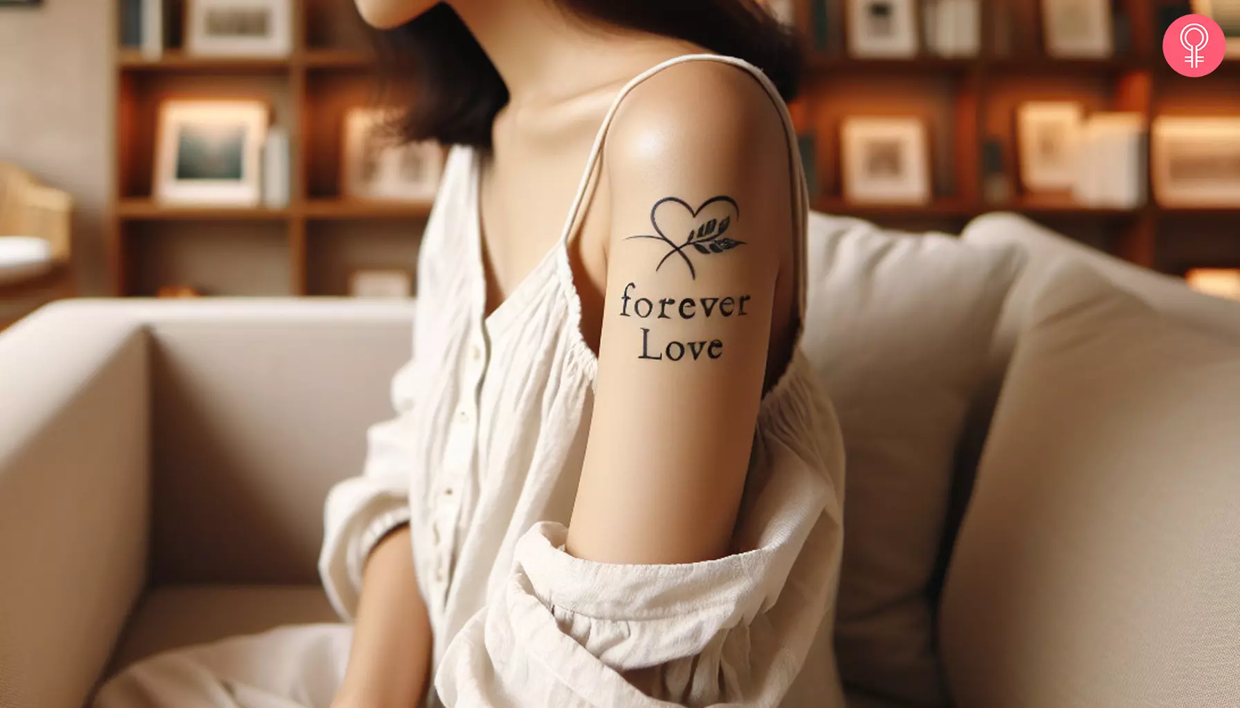 A forever love tattoo on the upper arm of a woman