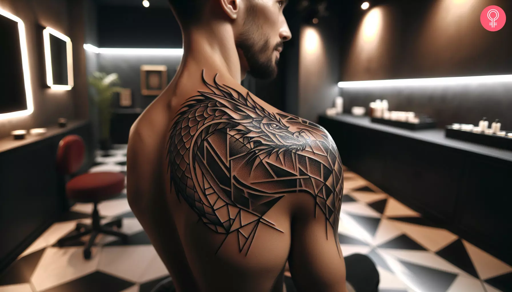 A geometric dragon tattoo on the shoulder of a man