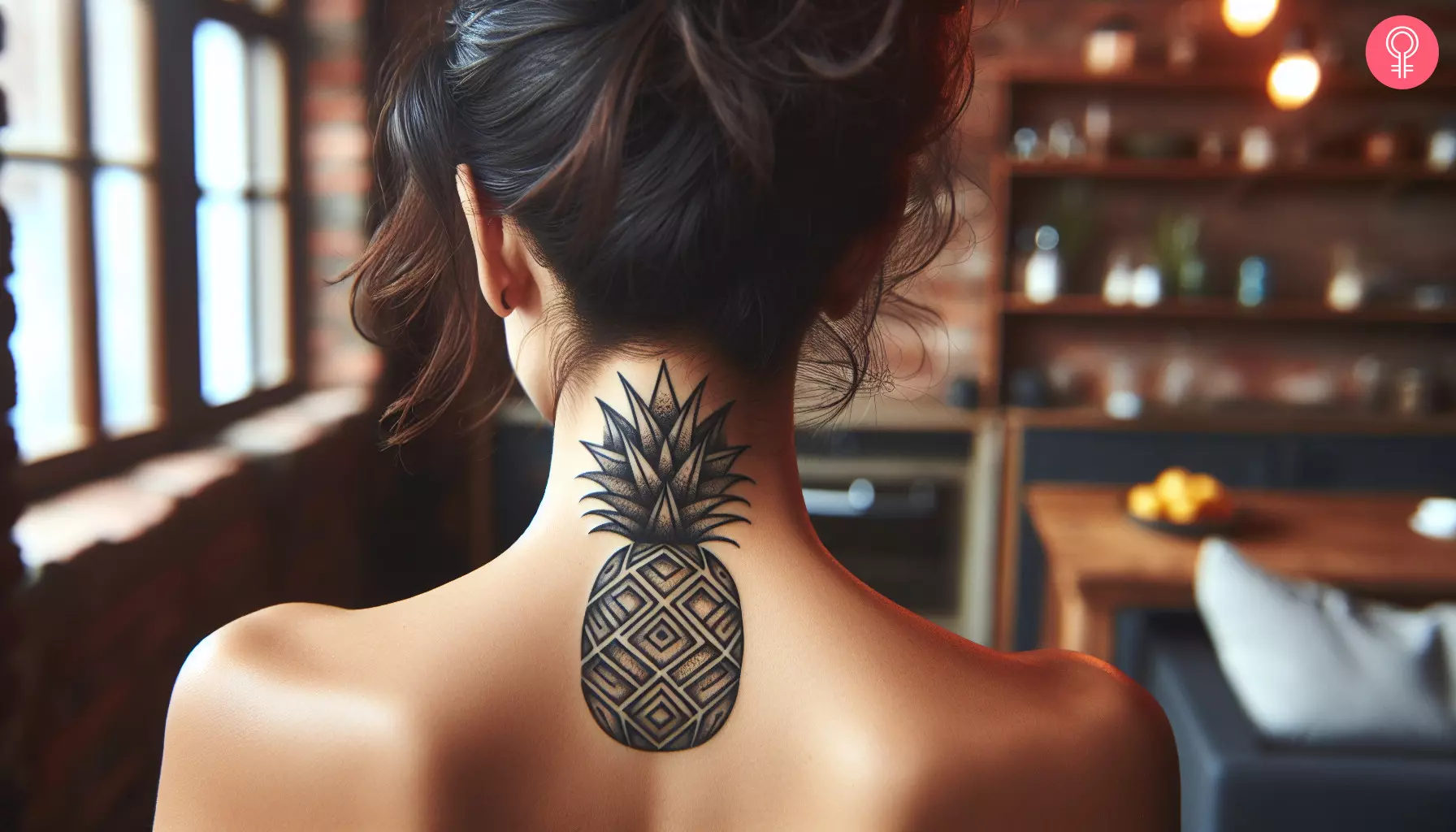 A geometric pineapple tattoo on a woman's neck