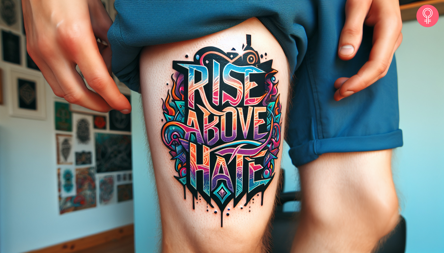 A graffiti tattoo on a man’s leg with the words ‘Rise Above Hate’