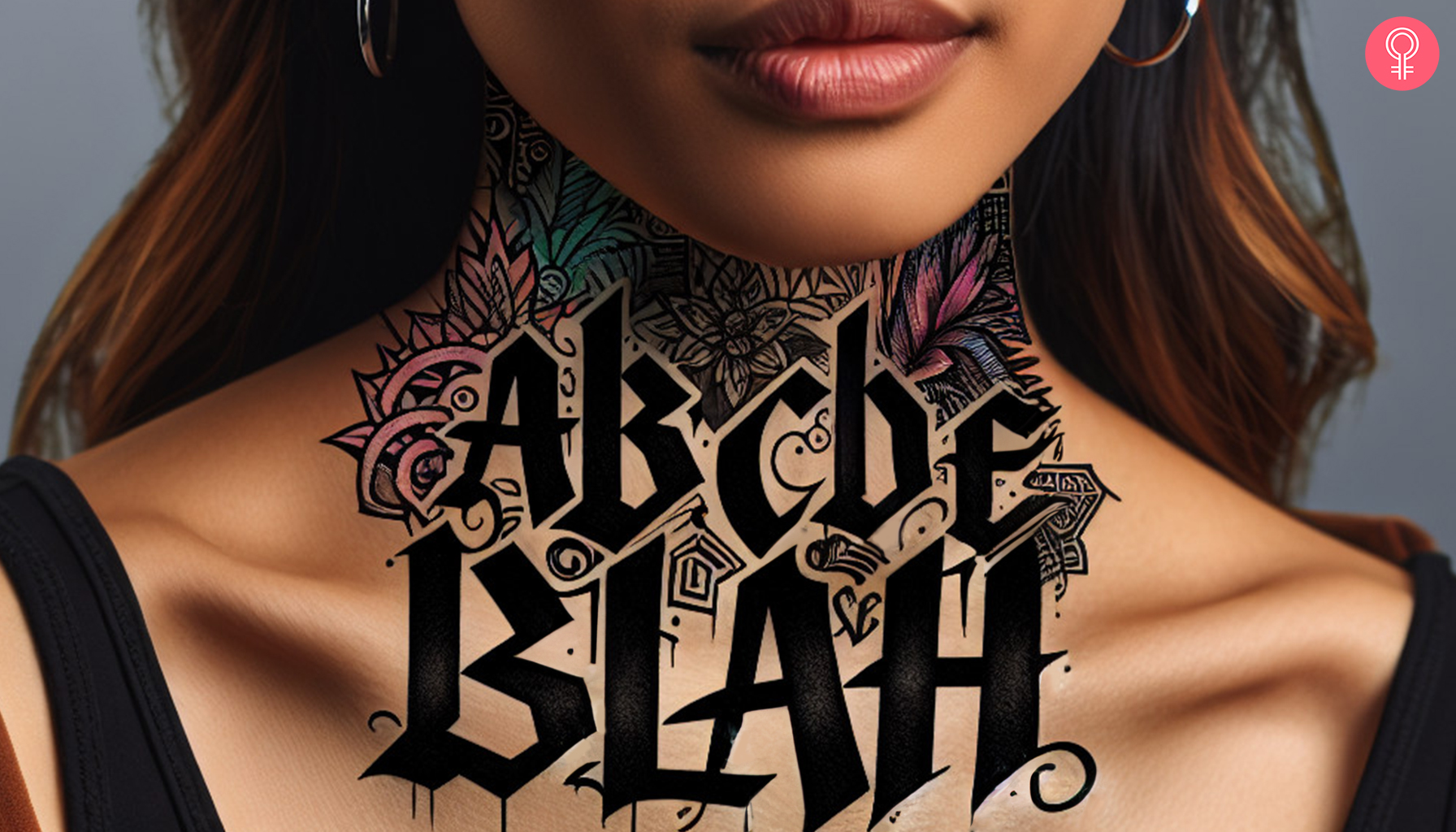 A graffiti tattoo on a woman’s back with the lettering ‘ABCDE blah’