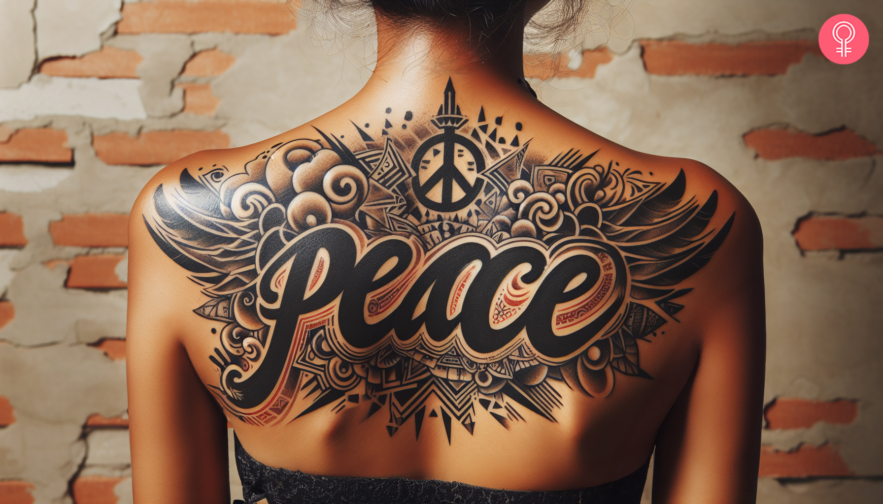 A graffiti tattoo on a woman’s back with the word ‘Peace’