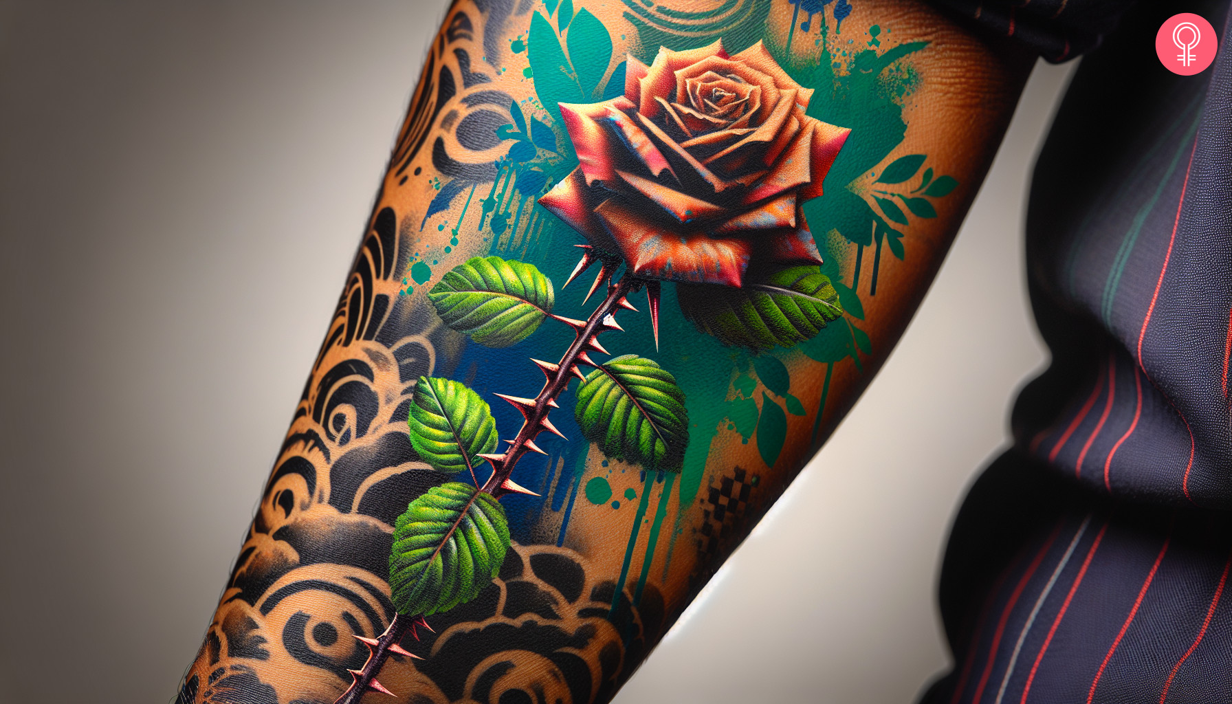 A graffiti tattoo on a woman’s forearm featuring a rose stem
