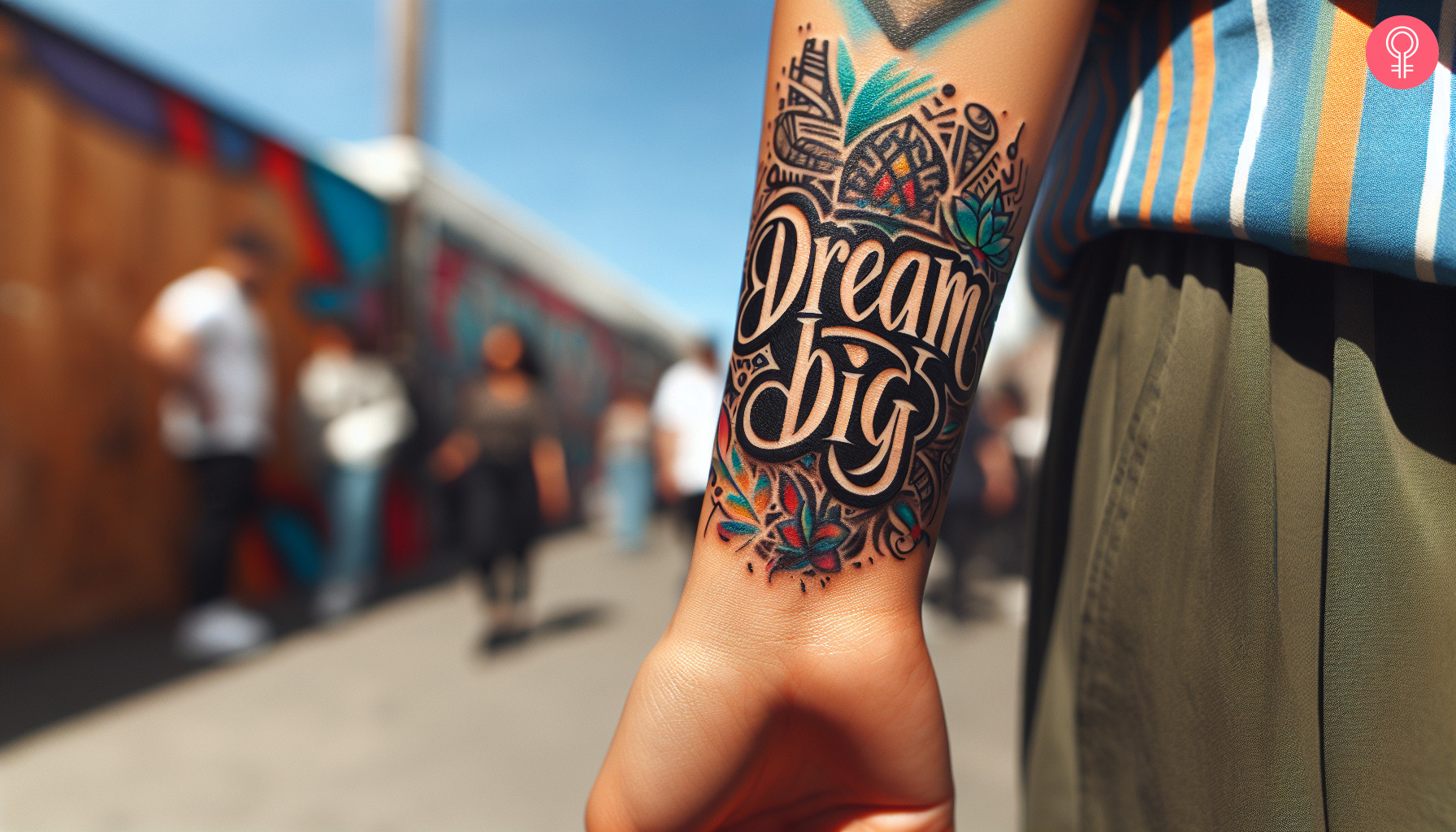 A graffiti tattoo on a woman’s forearm with the words ‘Dream big’
