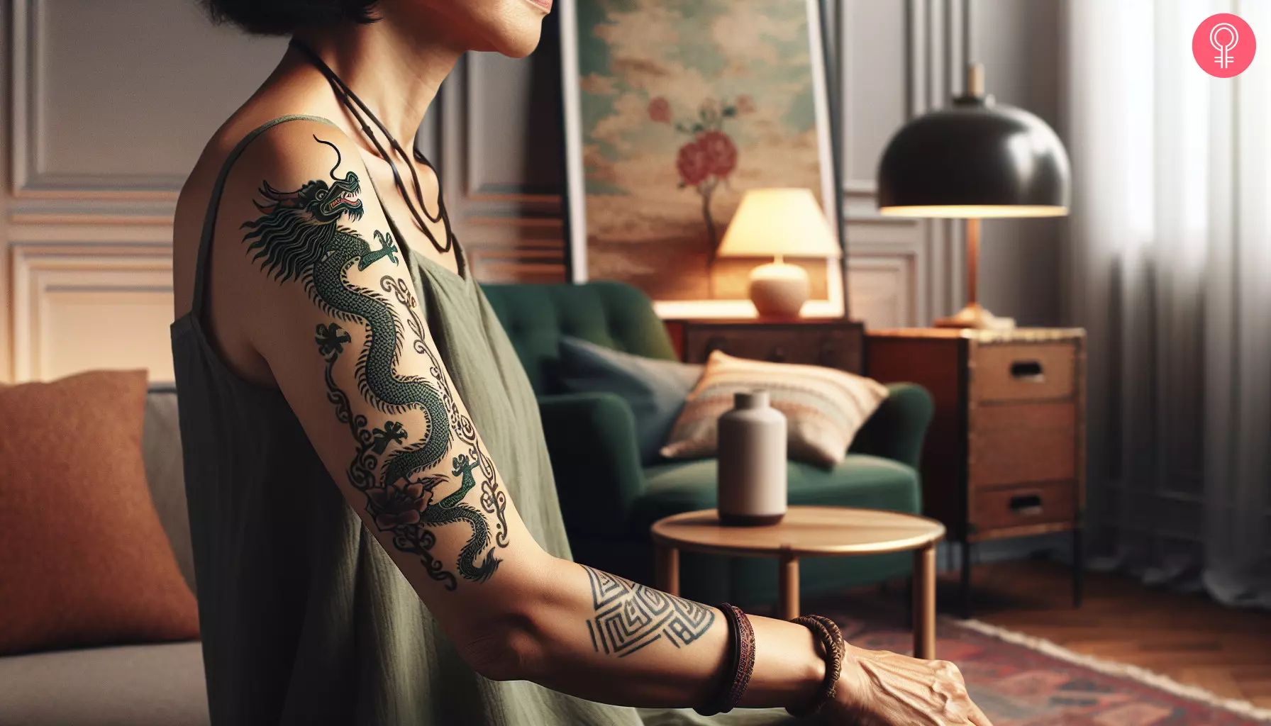 A green dragon tattoo on the arm of a woman