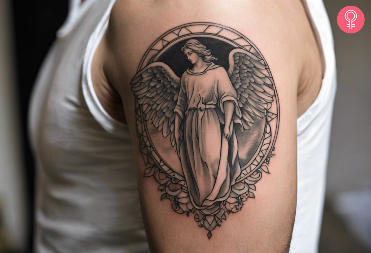 A guardian Angel tattoo inked on the upper arm