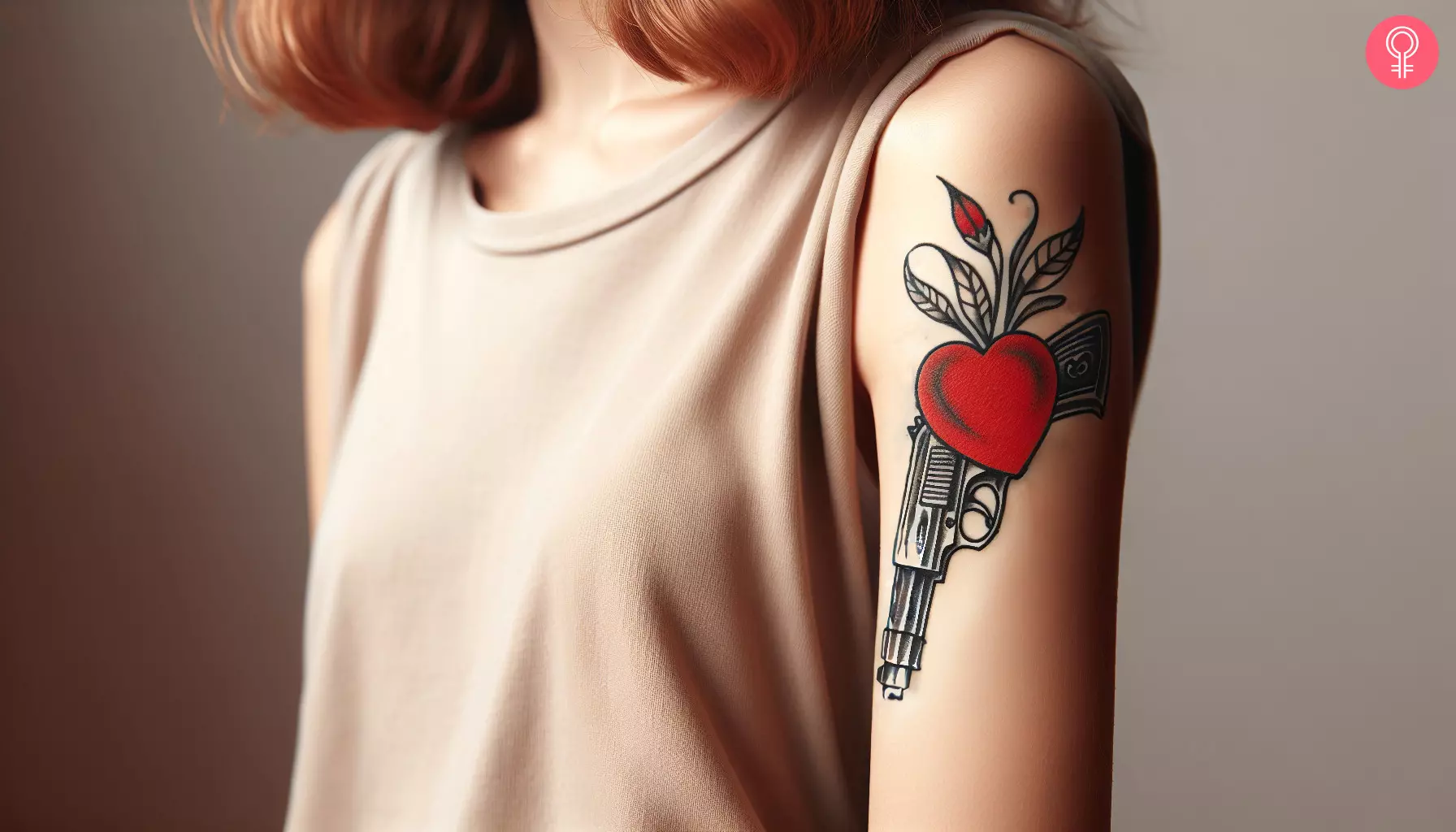 A gun with a heart tattoo on the forearm of a woman