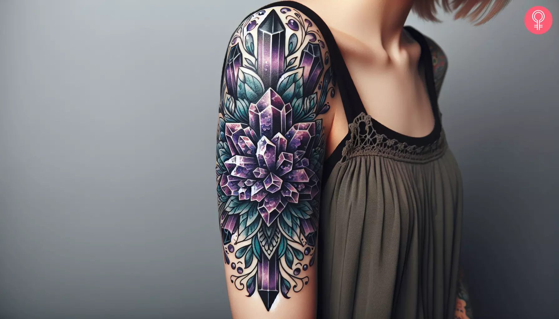 A healing crystal tattoo on the upper arm